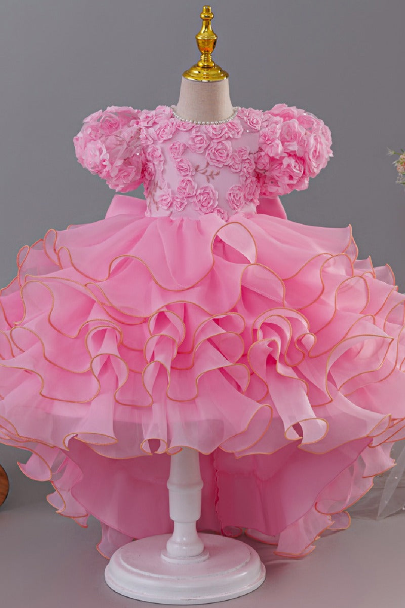 Princess Pearl Round Neck Short Puff Bubble Sleeve Ruffled Hi-Low Tulle Flower Girl Dresses 1030620832344