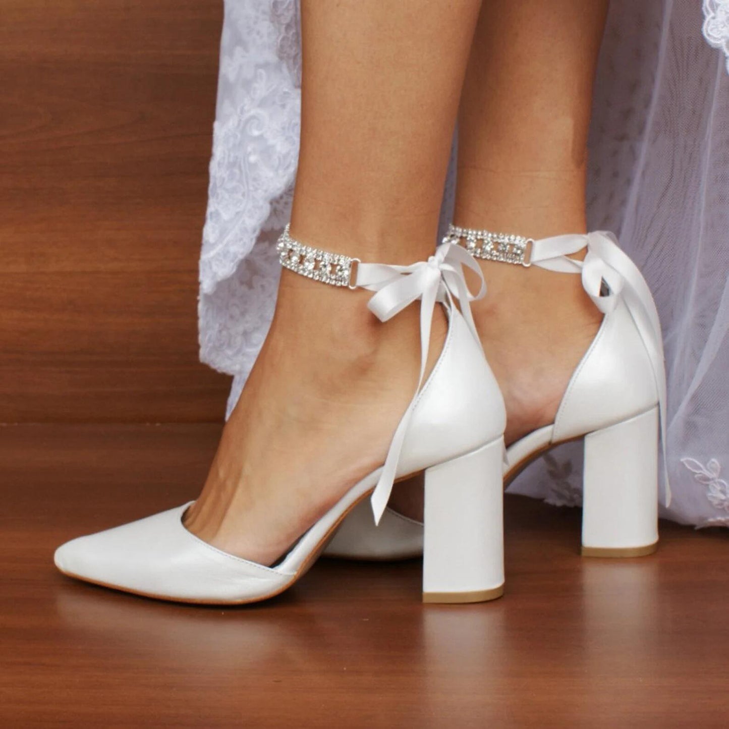 Pointed Toe Ankle Strap Block Heel Shoes with Rhinestone Bow 709319638118