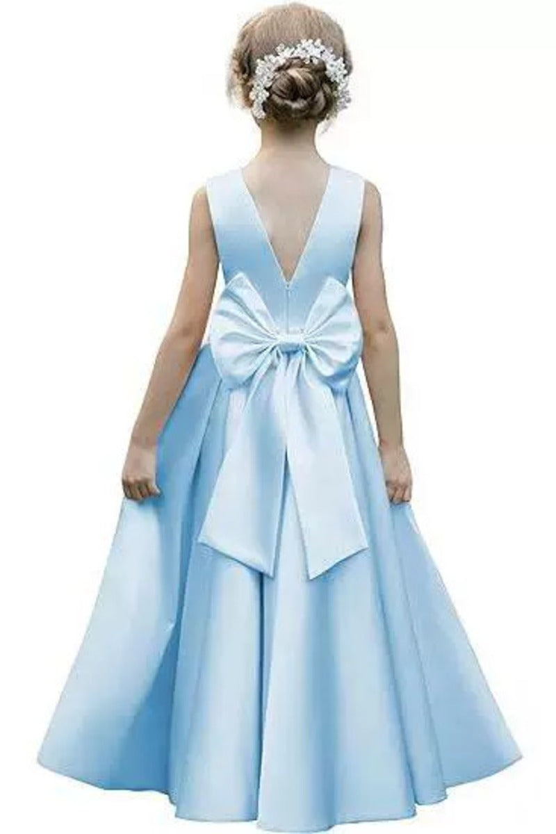 Elegant Satin Pearl Waist Pleated Skirt Bow Back Flower Girl Dresses 807252665221