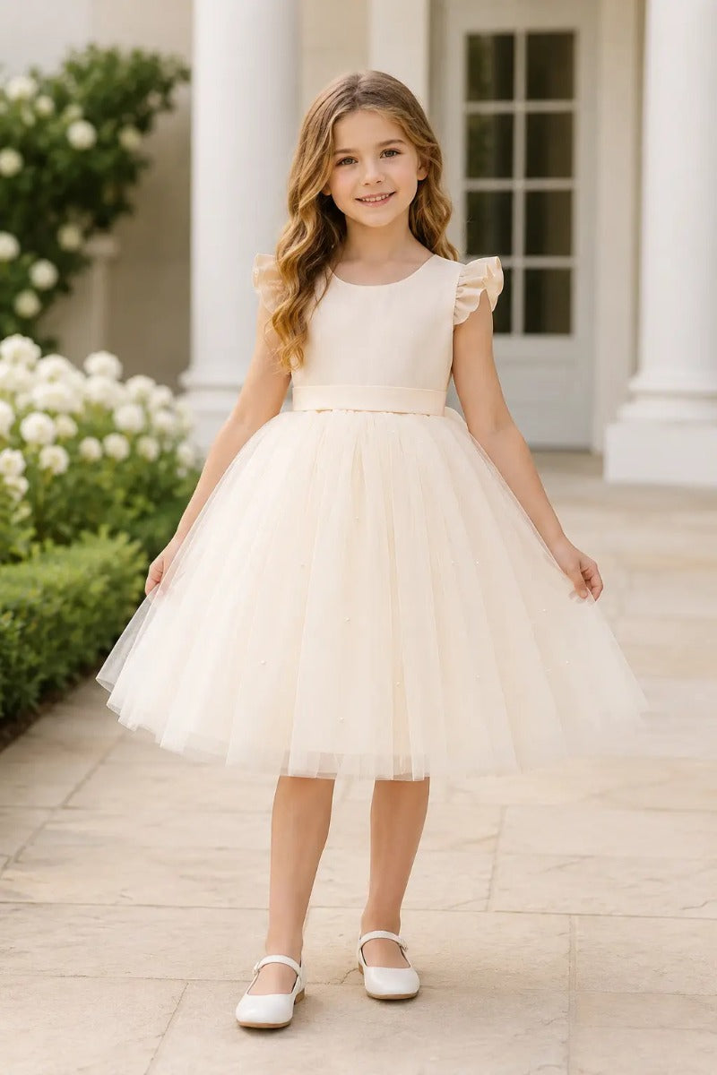 Tulle Pearl Bow Back Knee Length Ruffle Cap Sleeve Flower Girl Dresses 652115065250
