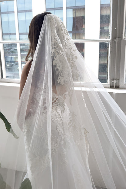 One-tier Lace Edge Lace Tulle Cathedral Veils with Appliques CV0331