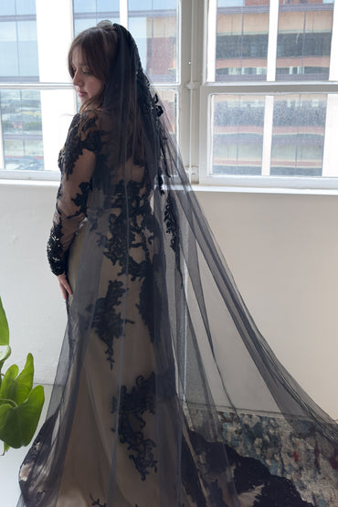 One-tier Lace Edge Lace Tulle Cathedral Veils with Appliques CV0337