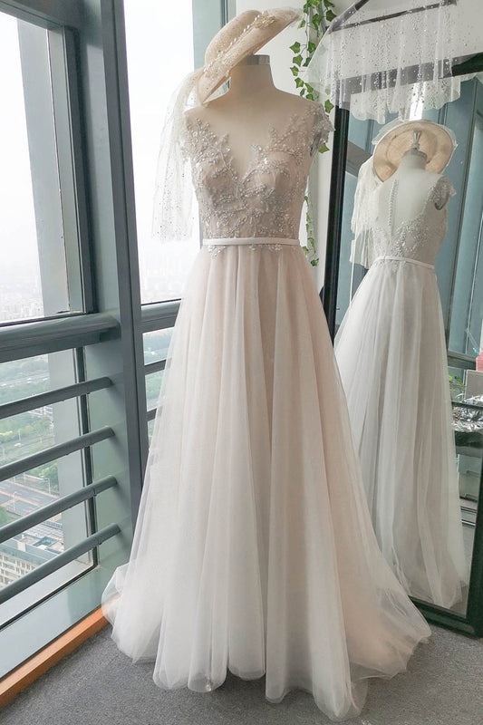 A-Line Sweep-Brush Train Lace Tulle Wedding Dress CW2739