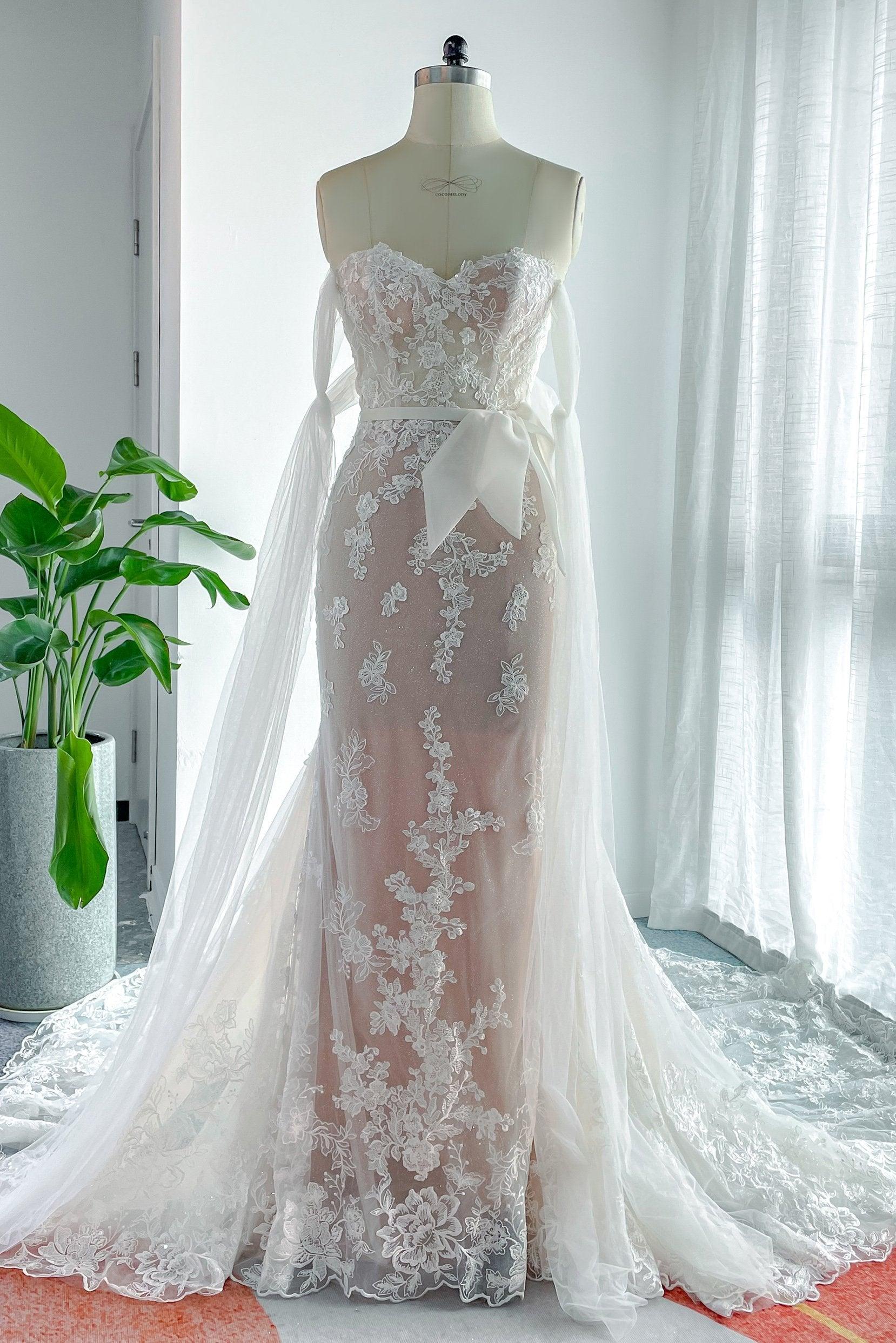Trumpet-Mermaid Chapel Train Lace Tulle Wedding Dress CW3134 - COCOMELODY