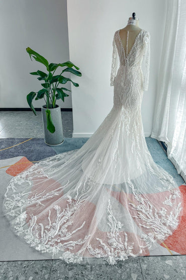 Trumpet-Mermaid Chapel Train Lace Tulle Wedding Dress CW3141 - COCOMELODY