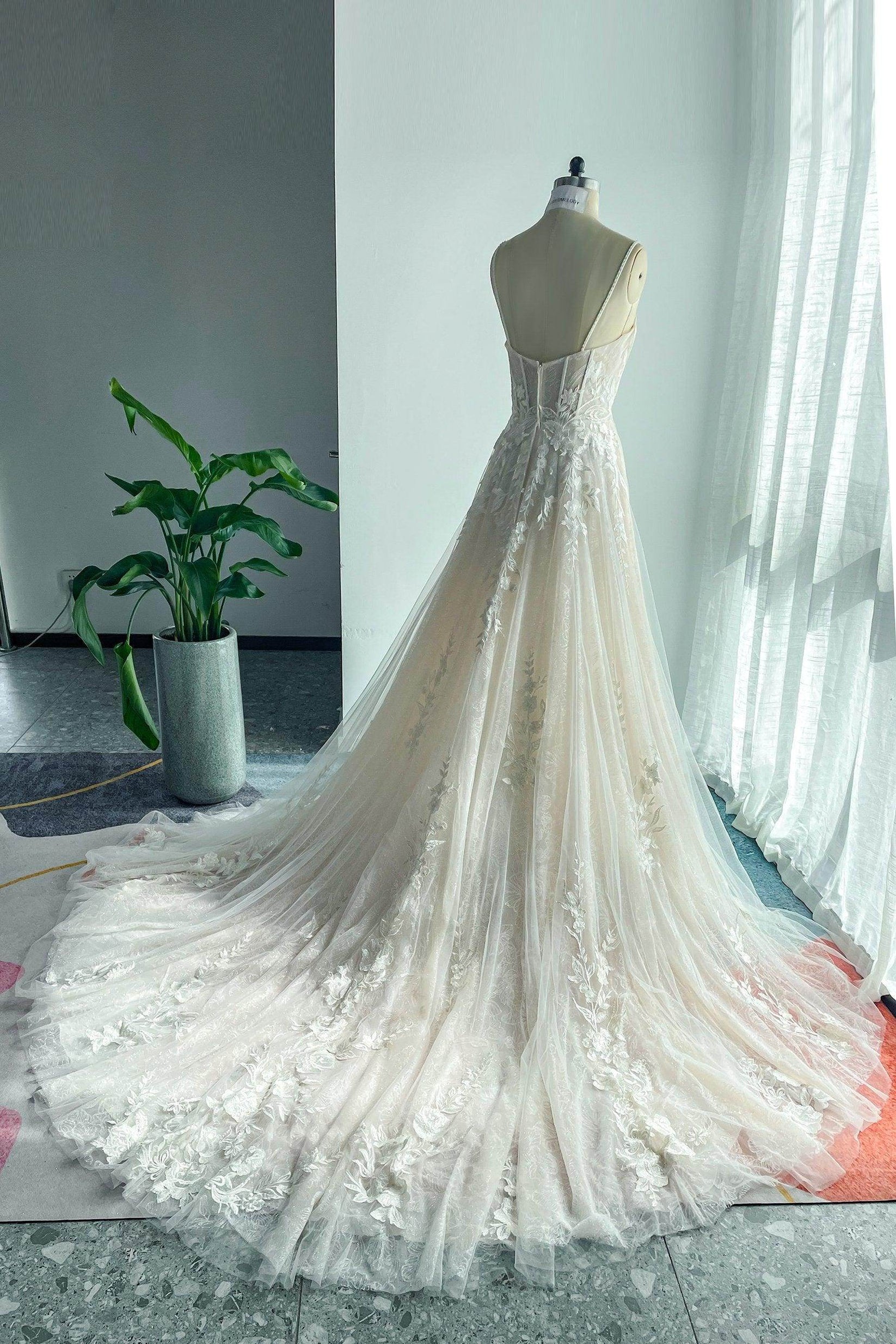 A-Line Chapel Train Lace Tulle Wedding Dress CW3240 main image 0