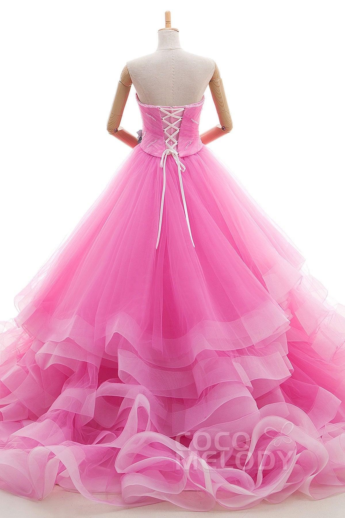 A Line Court Train Tulle Wedding Dress JWLT15067 - COCOMELODY