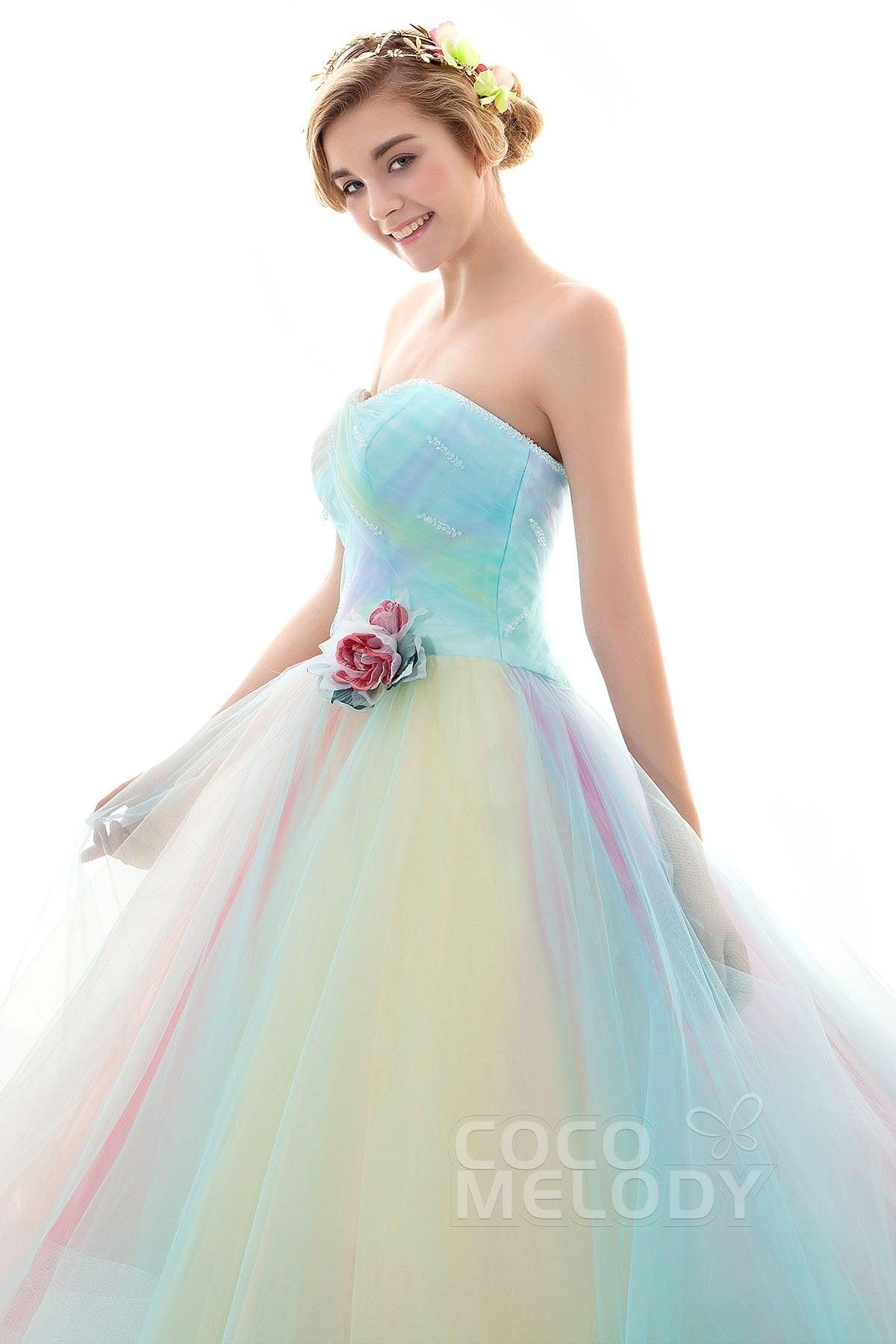 A Line Court Train Tulle Wedding Dress JWLT15067 - COCOMELODY