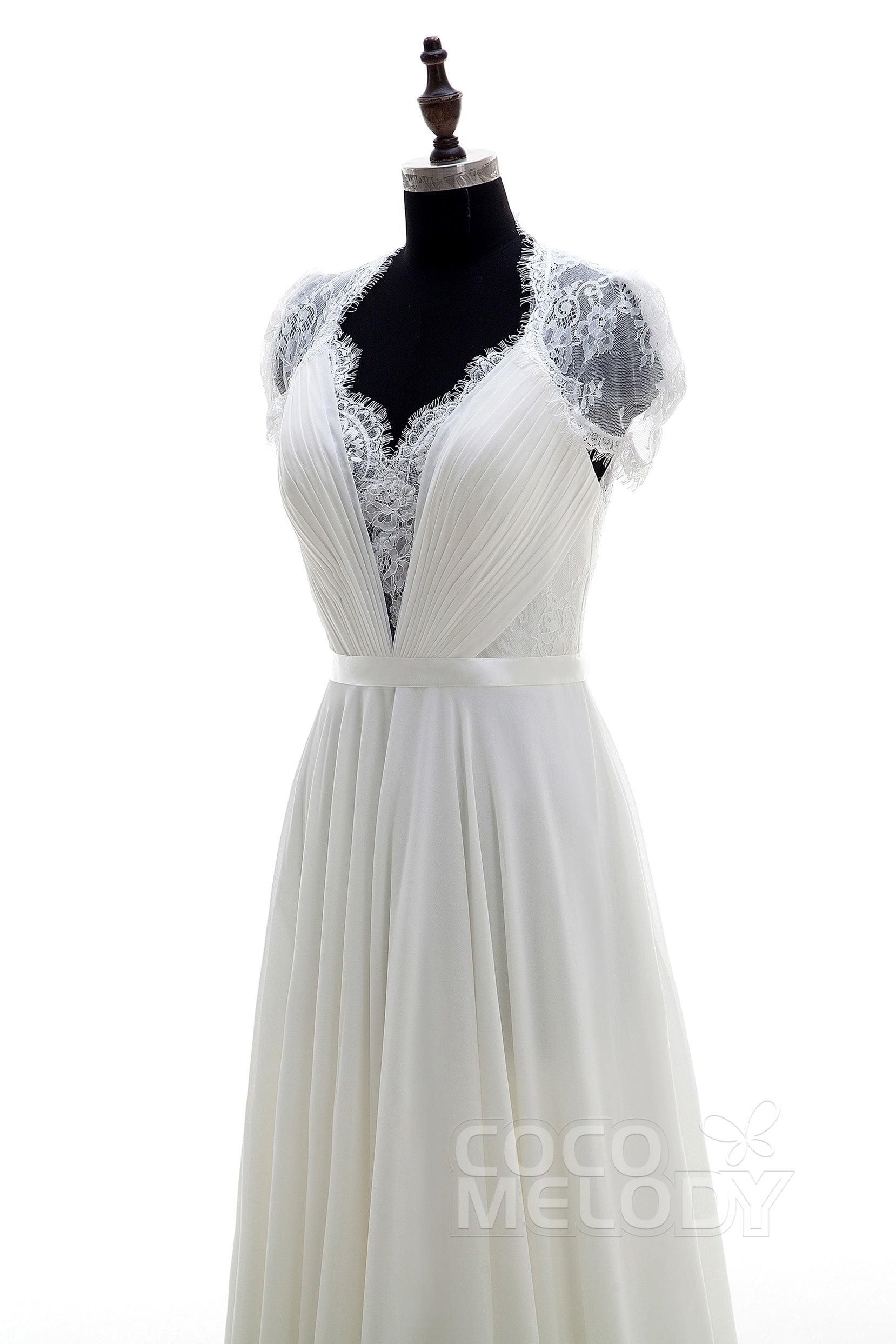 A-Line Sweep-Brush Train Chiffon Wedding Dress LD2676 - COCOMELODY