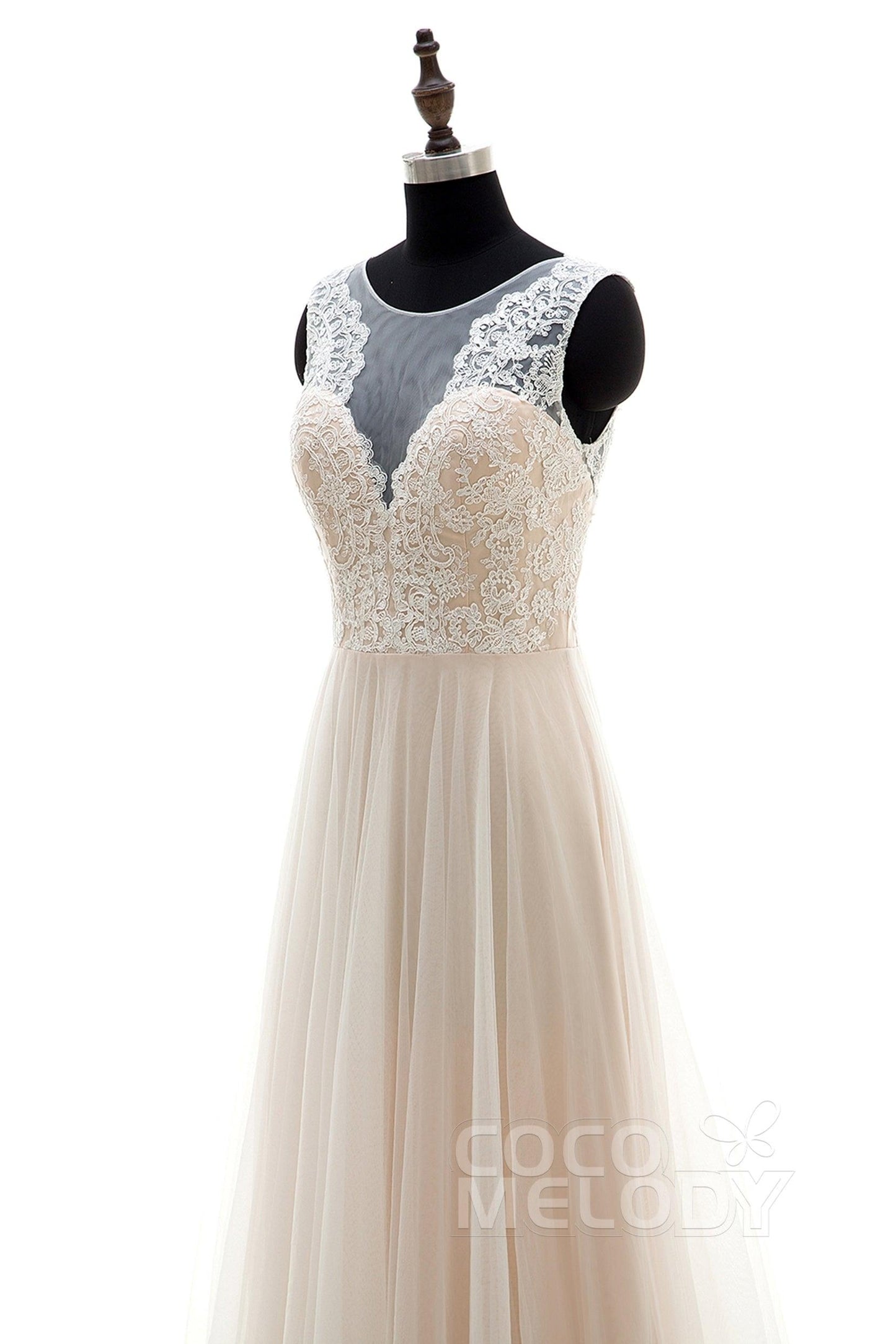 A-Line Sweep-Brush Train Tulle and Lace Wedding Dress LD3569 - COCOMELODY