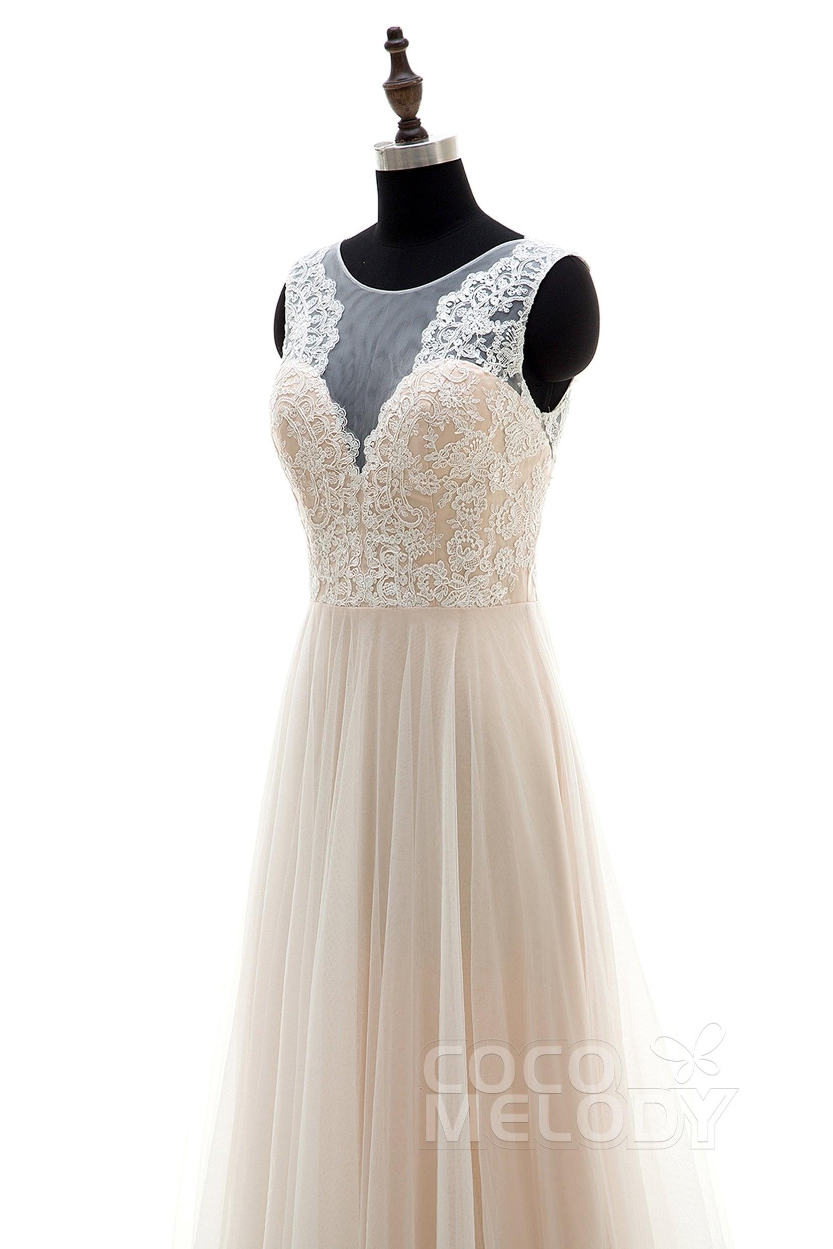 A-Line Sweep-Brush Train Tulle and Lace Wedding Dress LD3569 - COCOMELODY