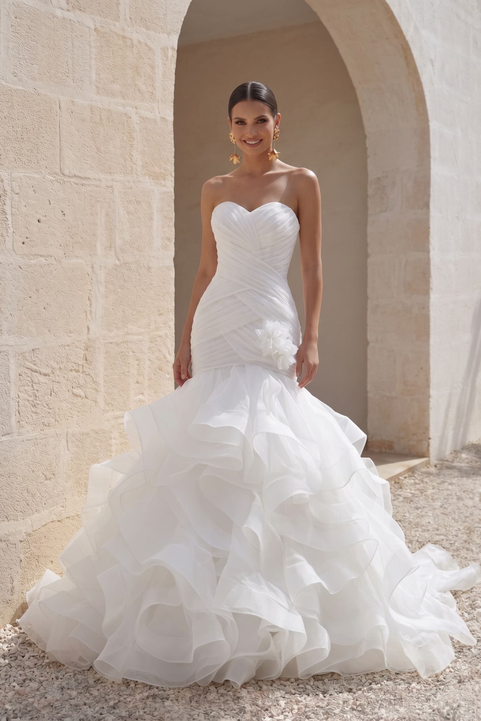 Sweetheart Mermaid Court Train Organza Bridal Wedding Dress with Ruffles 3D Flower COCOMELODY LD3817, 45 Days / As Picture:Ivory / US10-UK12-EUR40