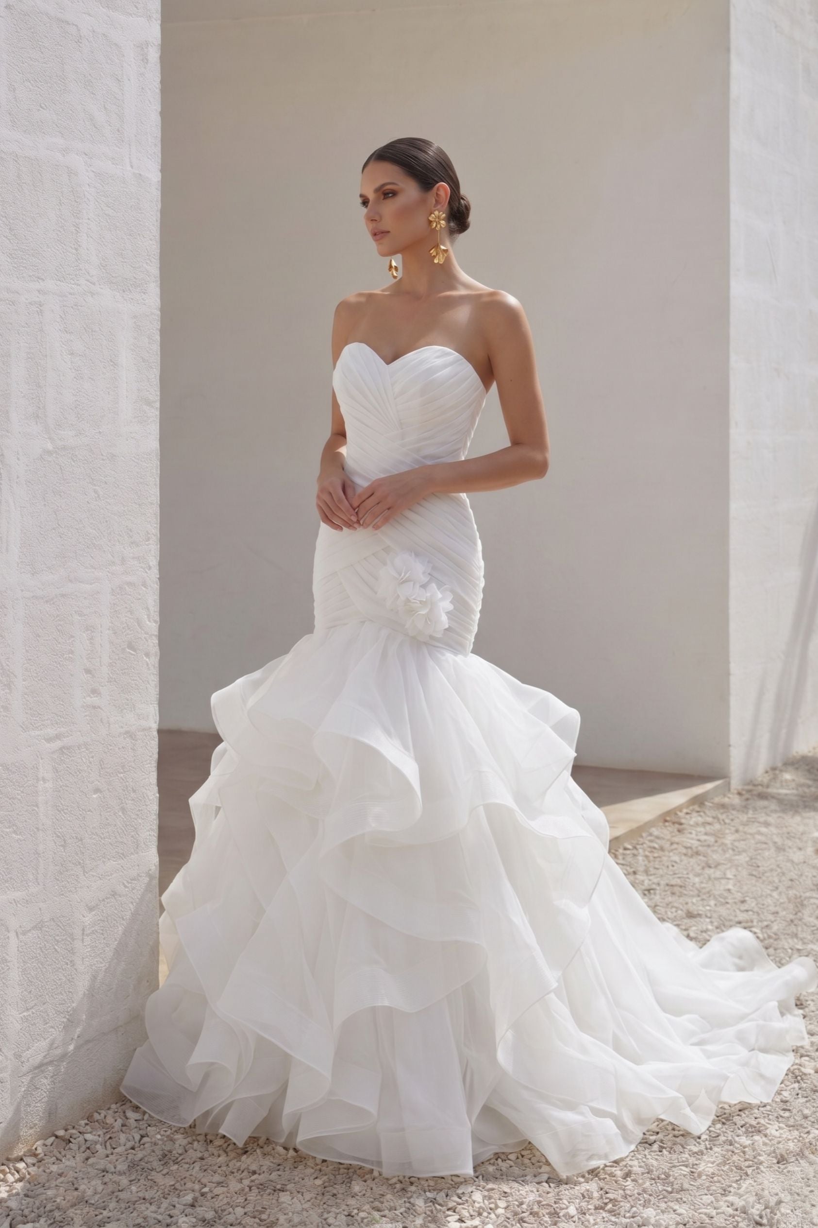 Sweetheart Mermaid Court Train Organza Bridal Wedding Dress with Ruffles 3D Flower COCOMELODY LD3817, 45 Days / As Picture:Ivory / US10-UK12-EUR40