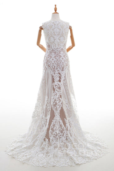 Sheath Sweep-Brush Train Lace Wedding Dress LD4317 - COCOMELODY