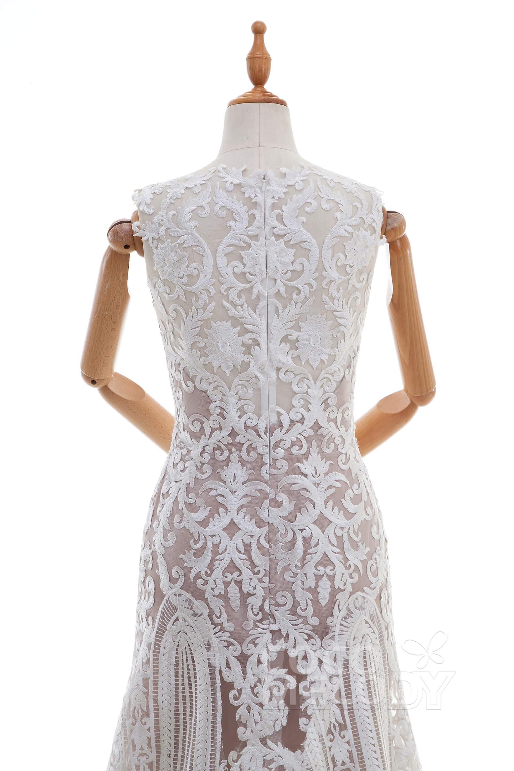 Sheath Sweep-Brush Train Lace Wedding Dress LD4317 - COCOMELODY