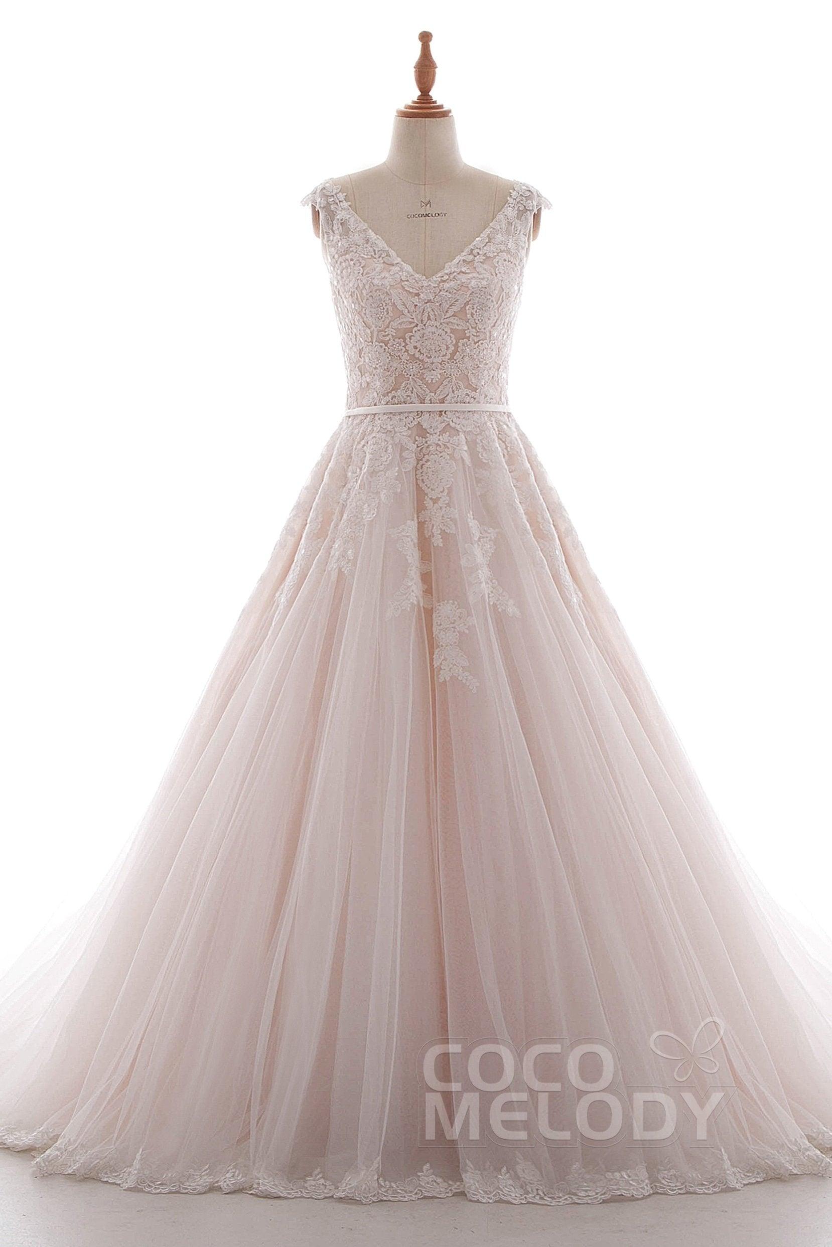 A-Line Court Train Lace and Tulle Wedding Dress LD4395 - COCOMELODY