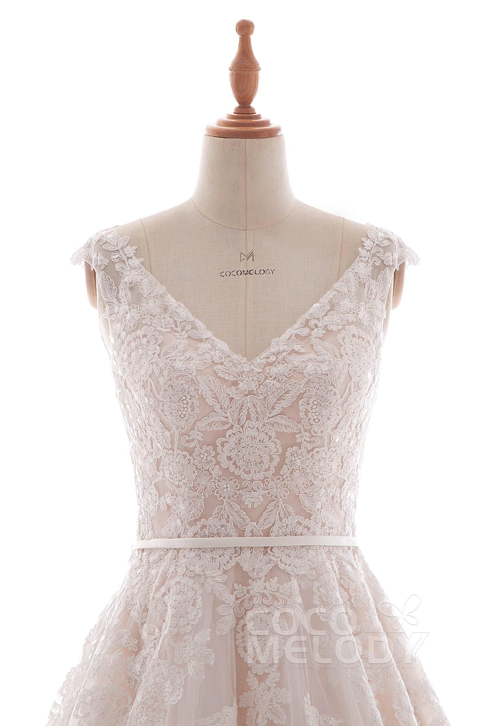 A-Line Court Train Lace and Tulle Wedding Dress LD4395 - COCOMELODY