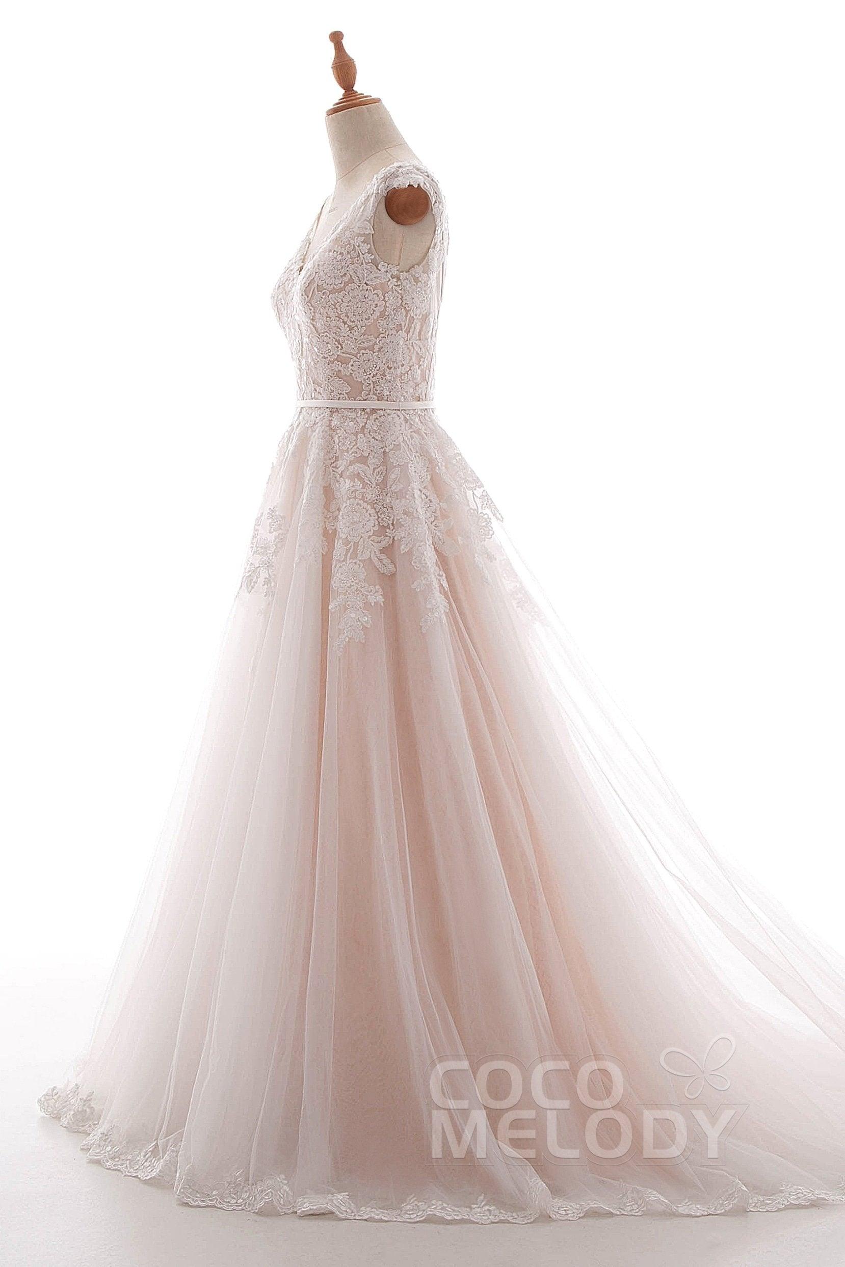 A-Line Court Train Lace and Tulle Wedding Dress LD4395 - COCOMELODY