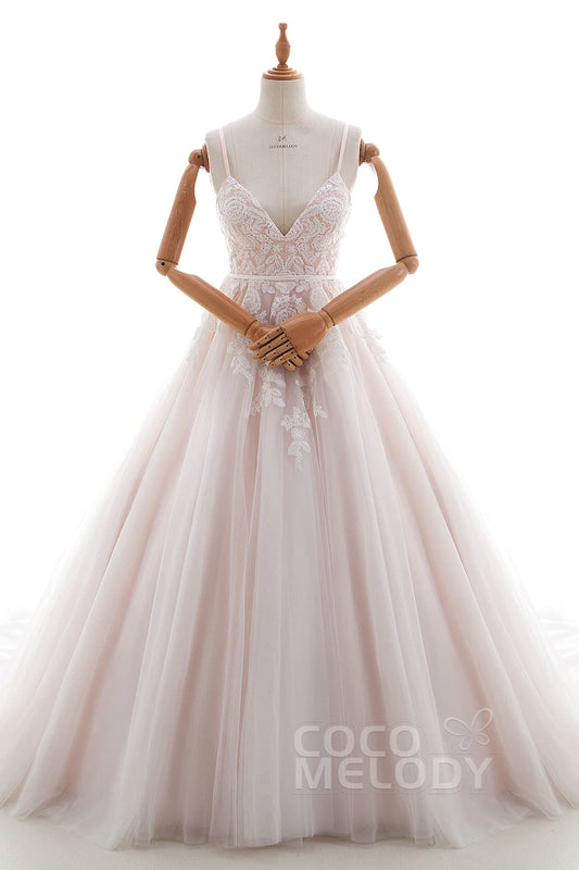 A-Line Chapel Train Lace and Tulle Wedding Dress LD4515