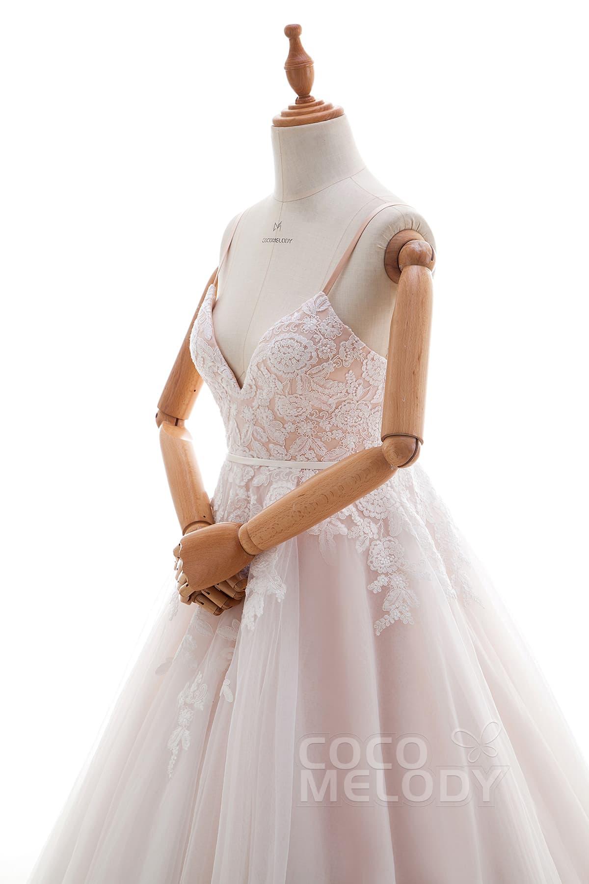A-Line Chapel Train Lace and Tulle Wedding Dress LD4515 - COCOMELODY