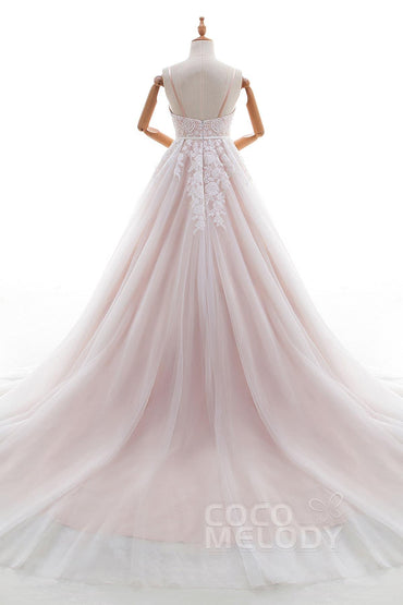 A-Line Chapel Train Lace and Tulle Wedding Dress LD4515