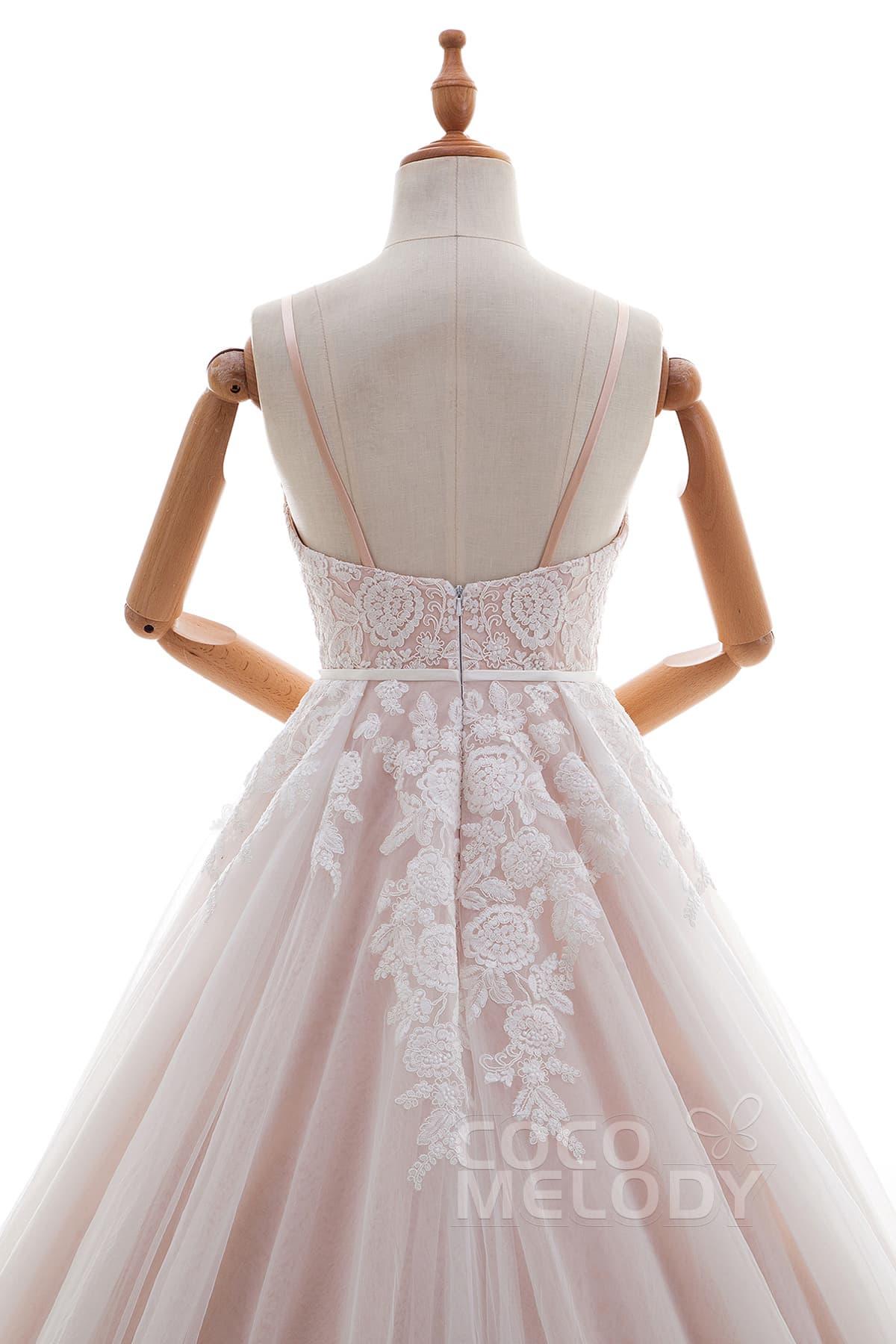 A-Line Chapel Train Lace and Tulle Wedding Dress LD4515 - COCOMELODY