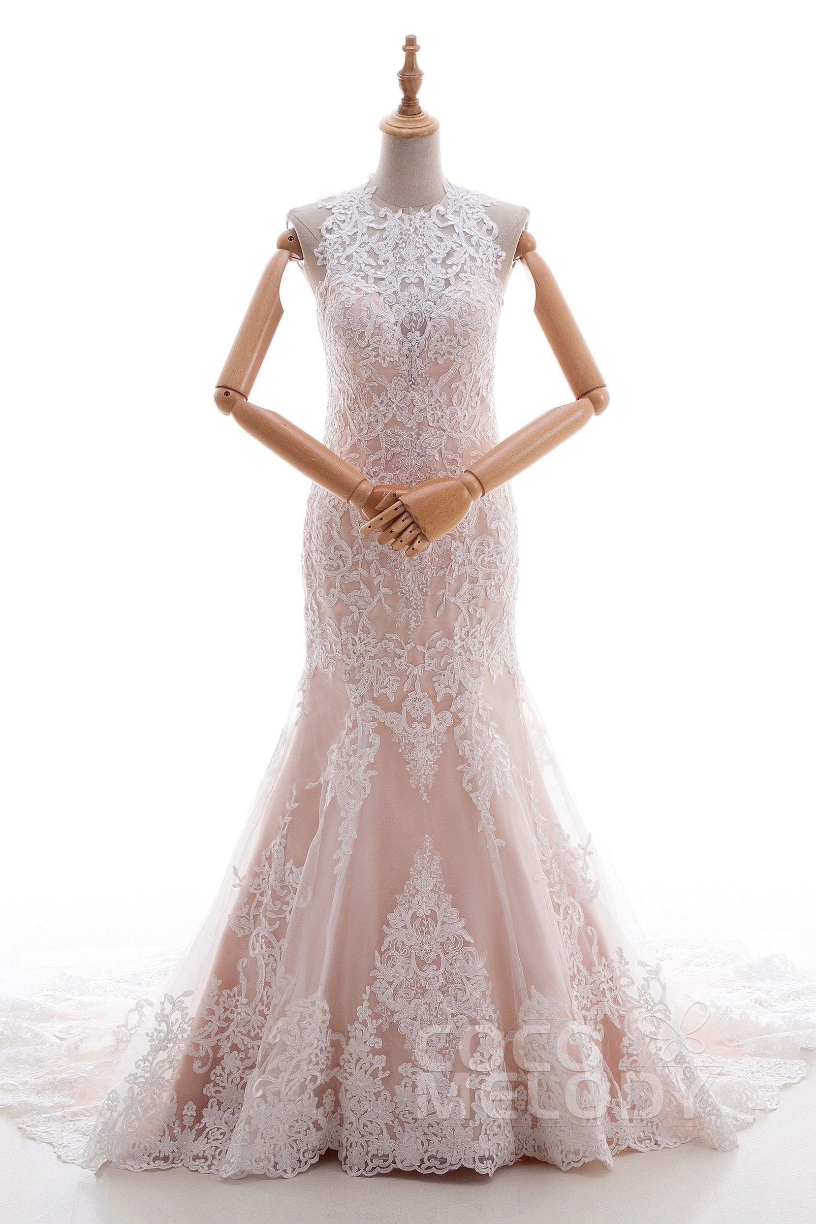 Trumpet-Mermaid Court Train Lace Tulle Wedding Dress LD4519 - COCOMELODY