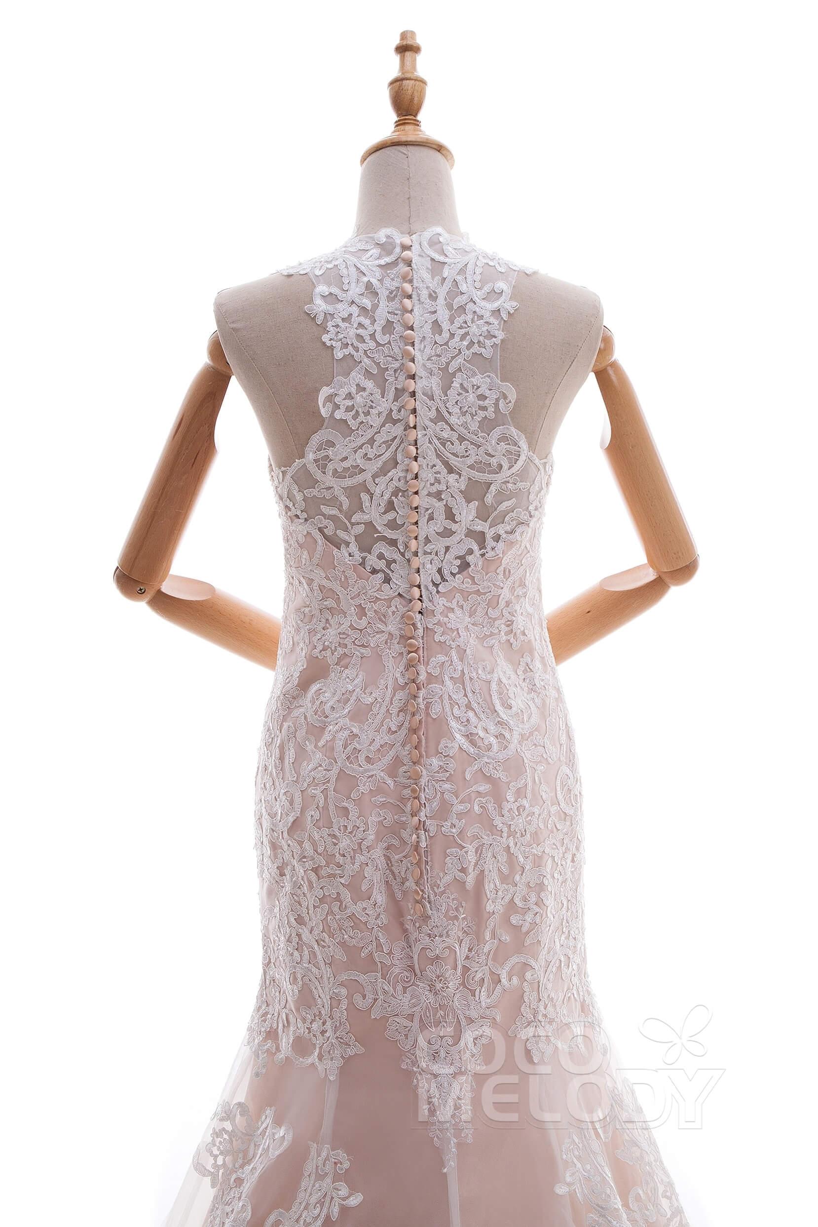 Trumpet-Mermaid Court Train Lace Tulle Wedding Dress LD4519 - COCOMELODY