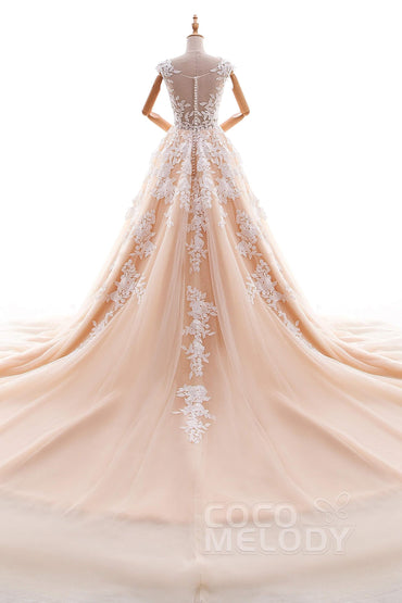 A-Line Cathedral Train Tulle and Lace Wedding Dress LD4534 - COCOMELODY