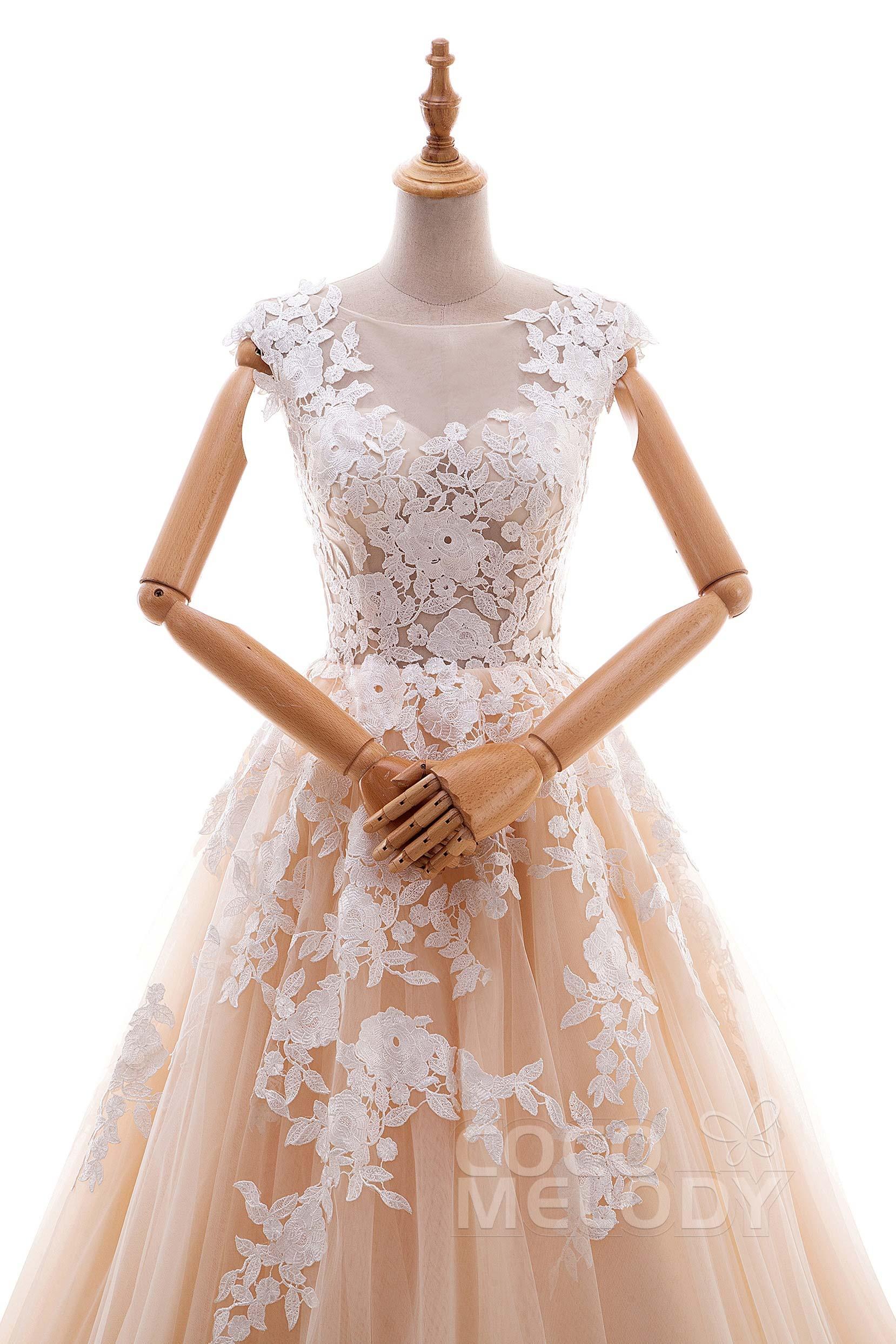 A-Line Cathedral Train Tulle and Lace Wedding Dress LD4534 - COCOMELODY