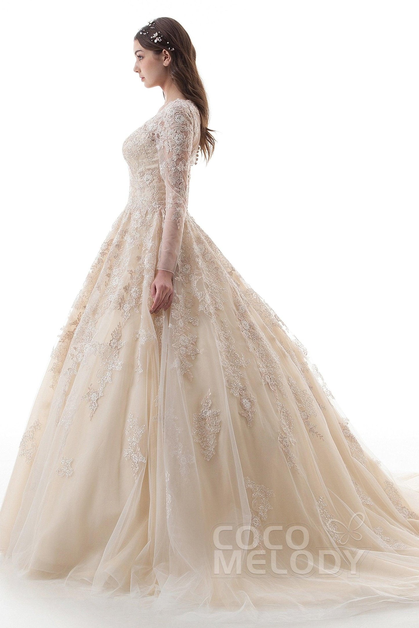 Princess Court Train Lace Tulle Gothic Wedding Dress LD4622 - COCOMELODY