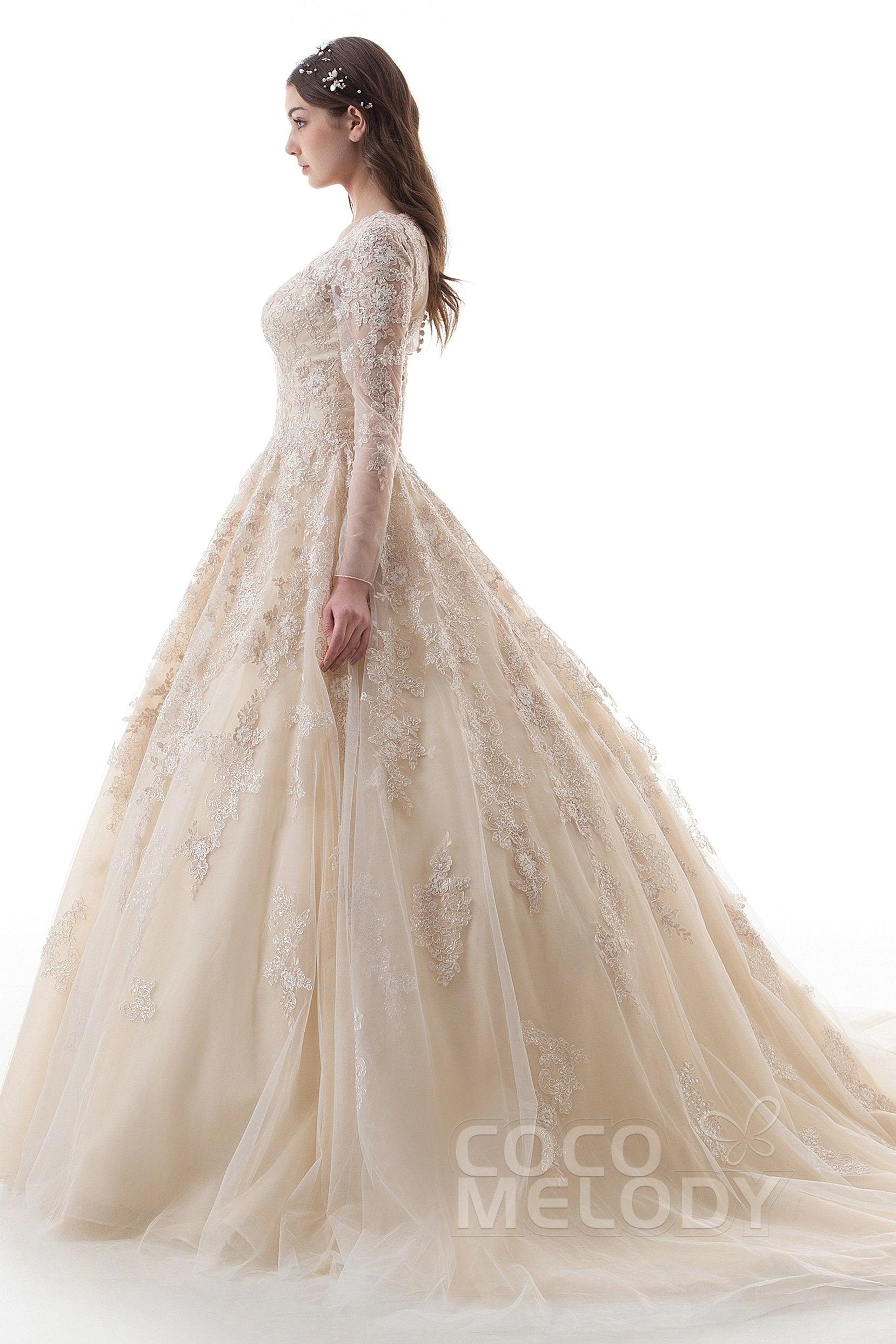 Princess Court Train Lace Tulle Gothic Wedding Dress LD4622 - COCOMELODY