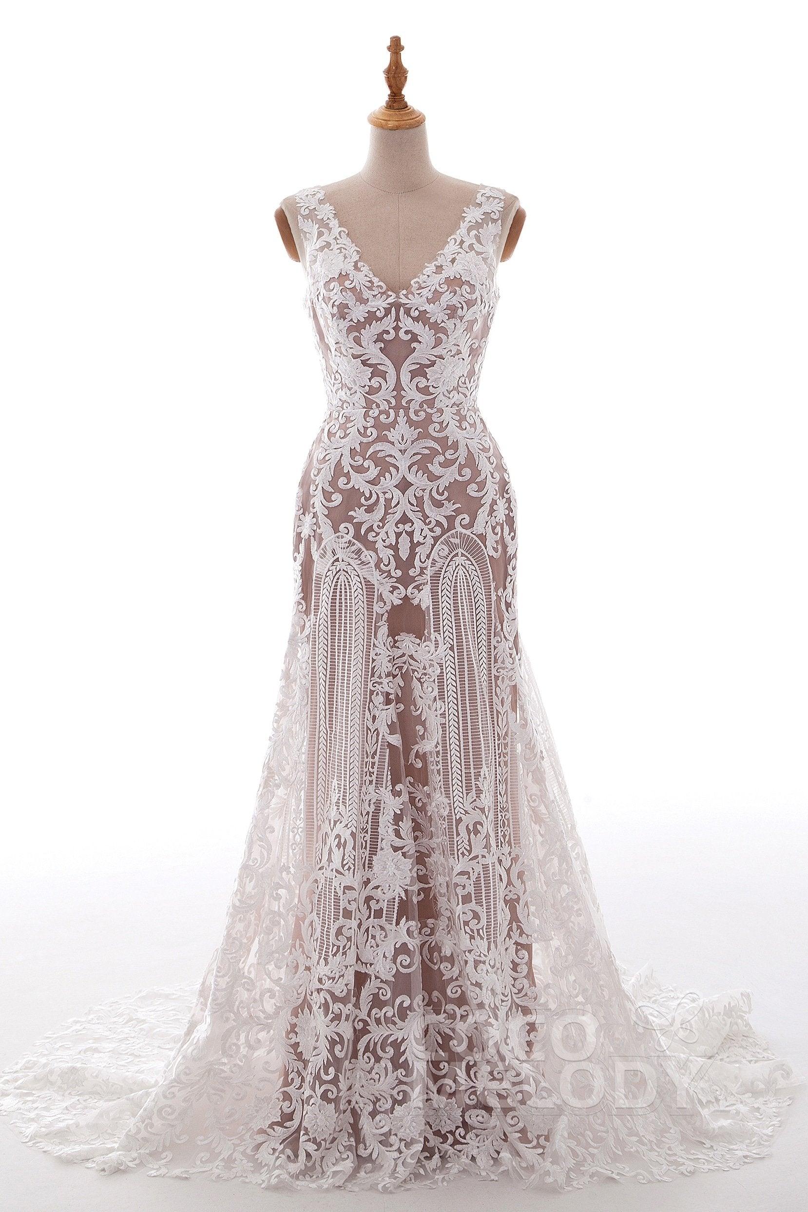 Sheath-Column Court Train Tulle Lace Wedding Dress LD4722 - COCOMELODY