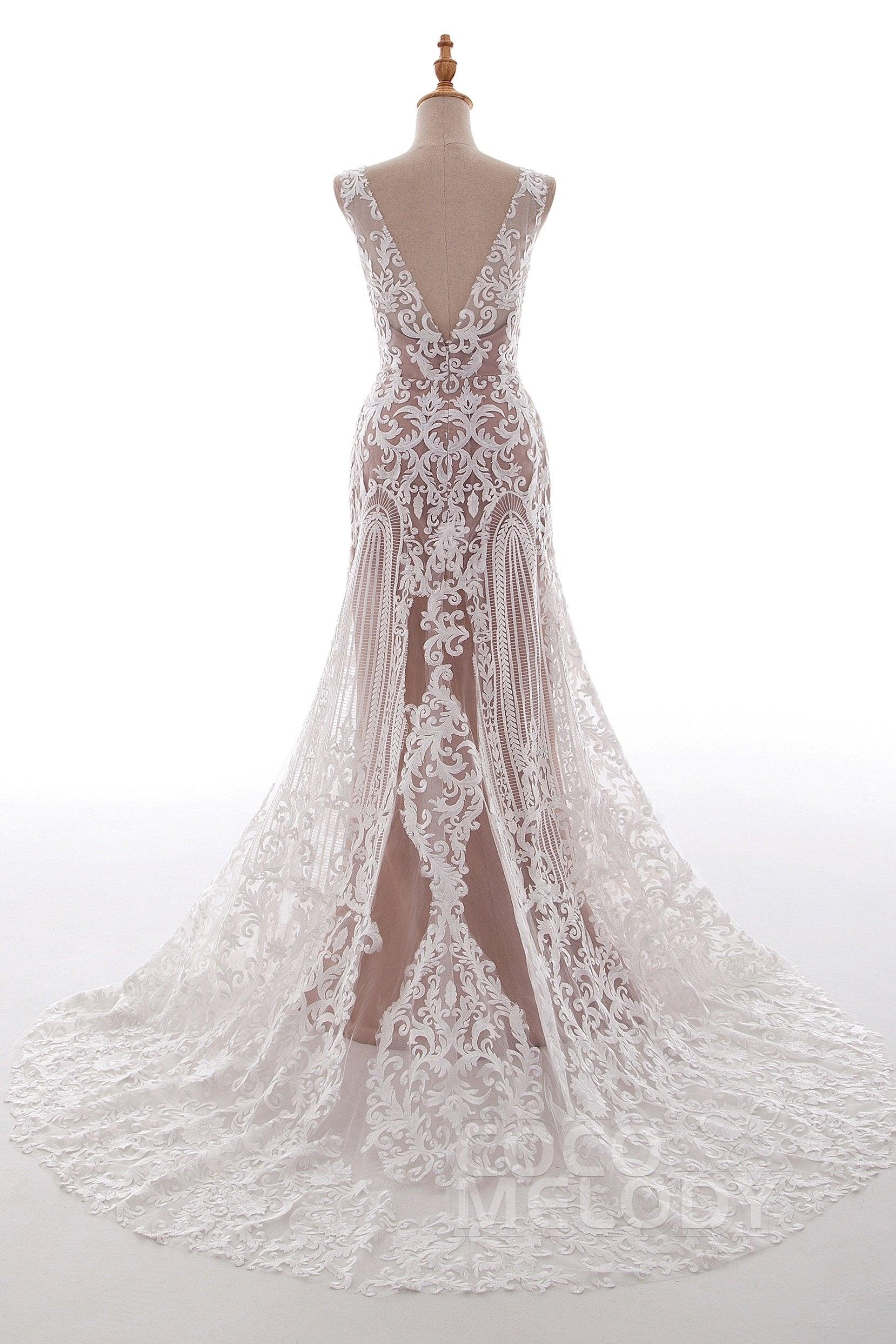 Sheath-Column Court Train Tulle Lace Wedding Dress LD4722 - COCOMELODY