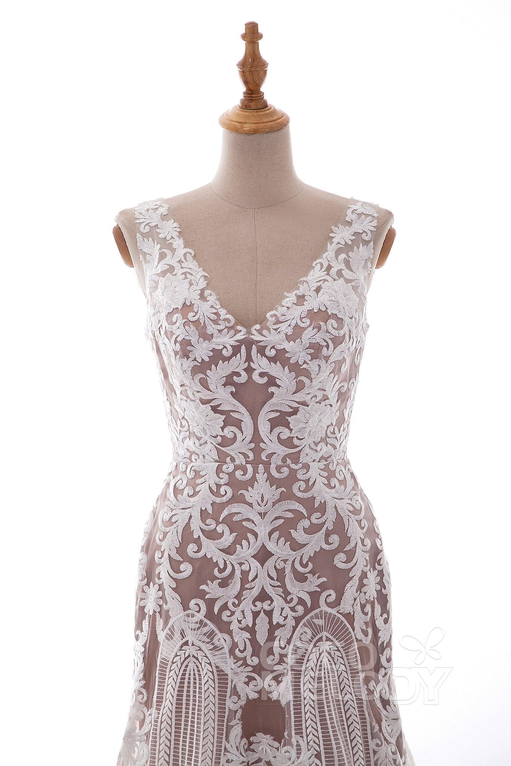 Sheath-Column Court Train Tulle Lace Wedding Dress LD4722 - COCOMELODY
