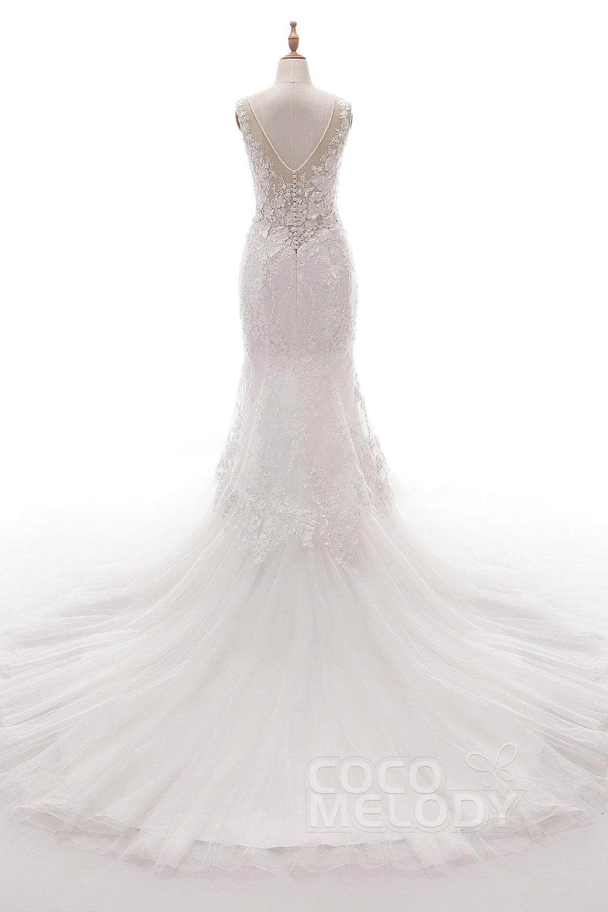 Trumpet-Mermaid Court Train Tulle Lace Wedding Dress LD5058 - COCOMELODY