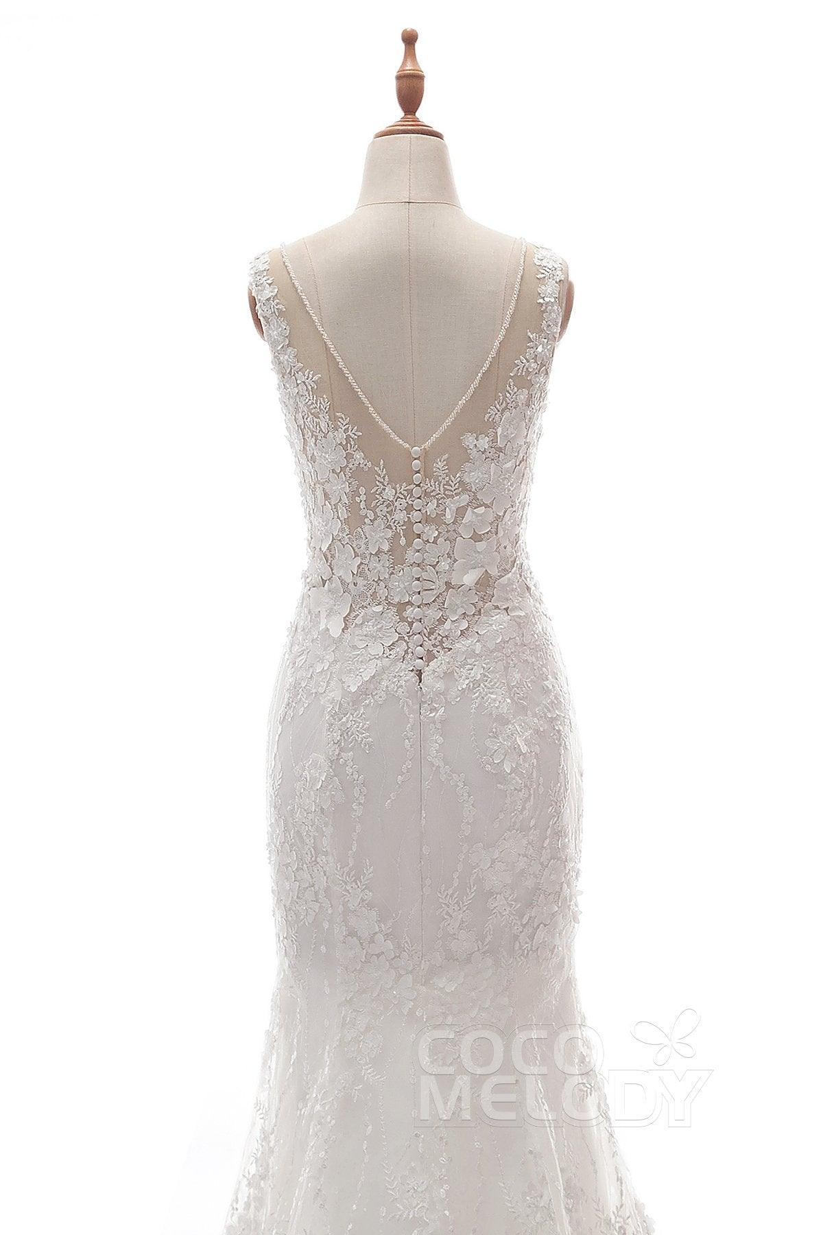 Trumpet-Mermaid Court Train Tulle Lace Wedding Dress LD5058 - COCOMELODY