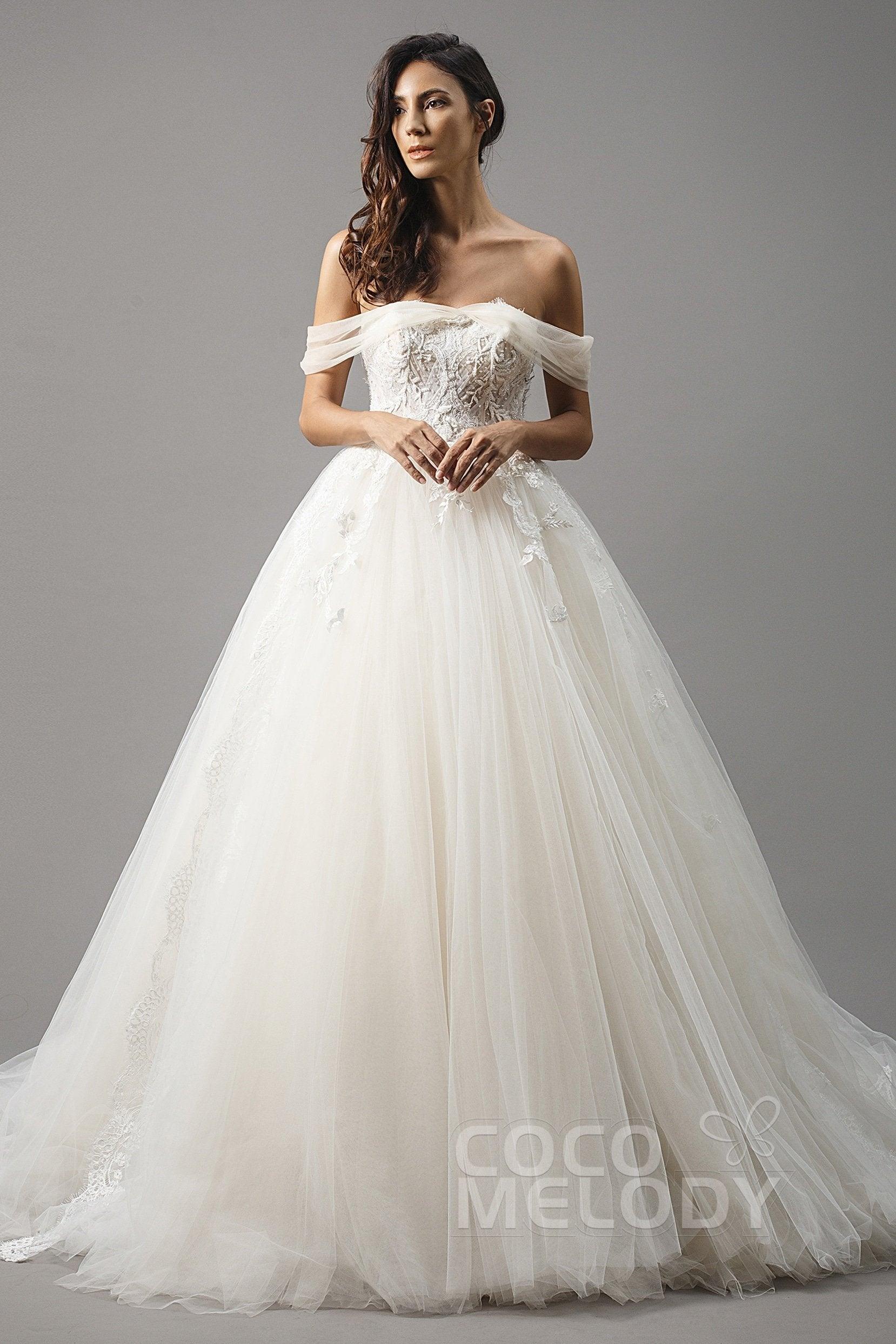 Princess Court Train Satin and Tulle Wedding Dress LD5066 - COCOMELODY