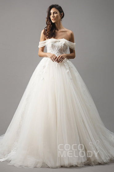 Princess Court Train Satin and Tulle Wedding Dress LD5066 - COCOMELODY