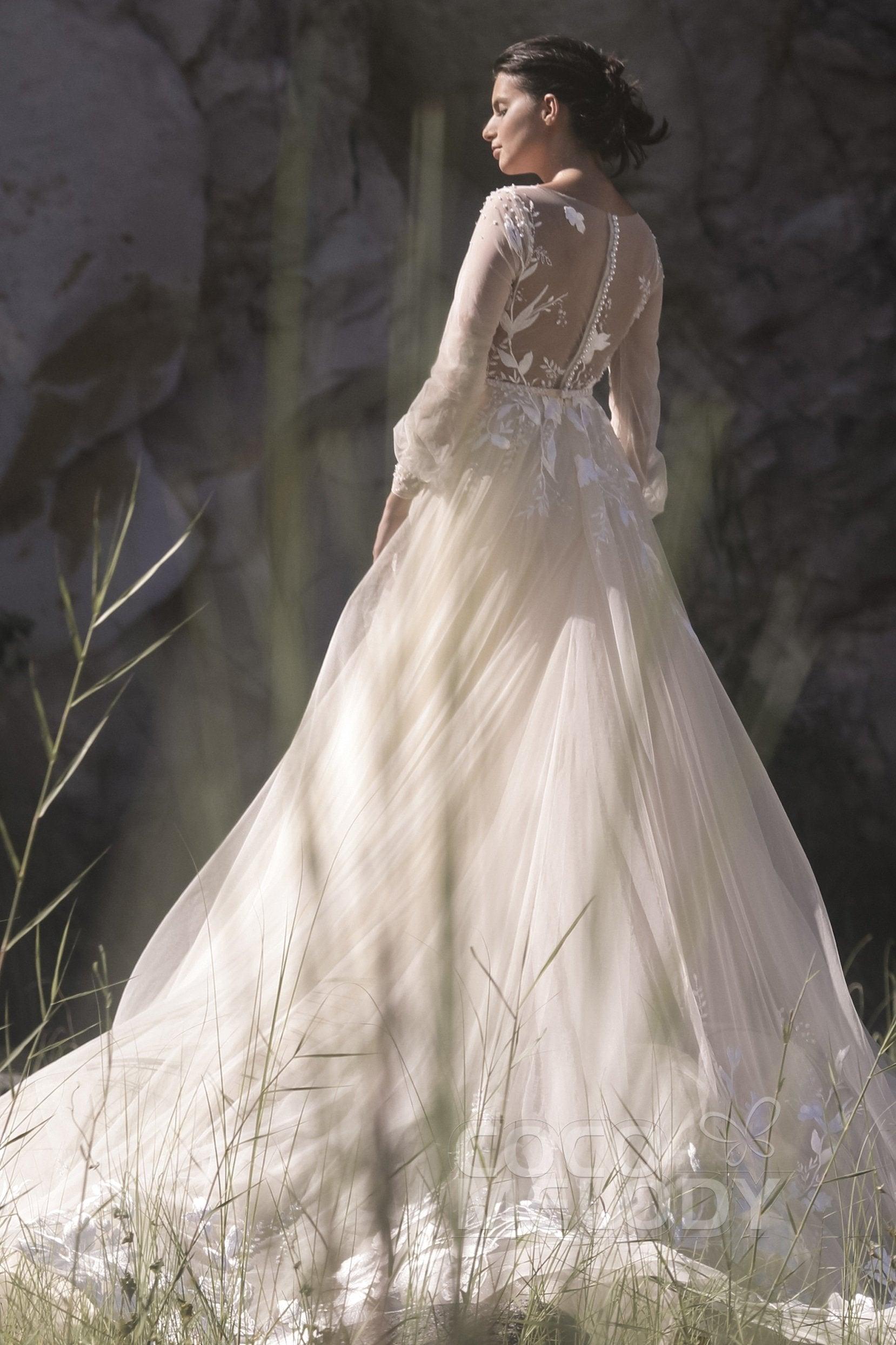 A-Line Chapel Train Tulle Wedding Dress LD5199CR - COCOMELODY