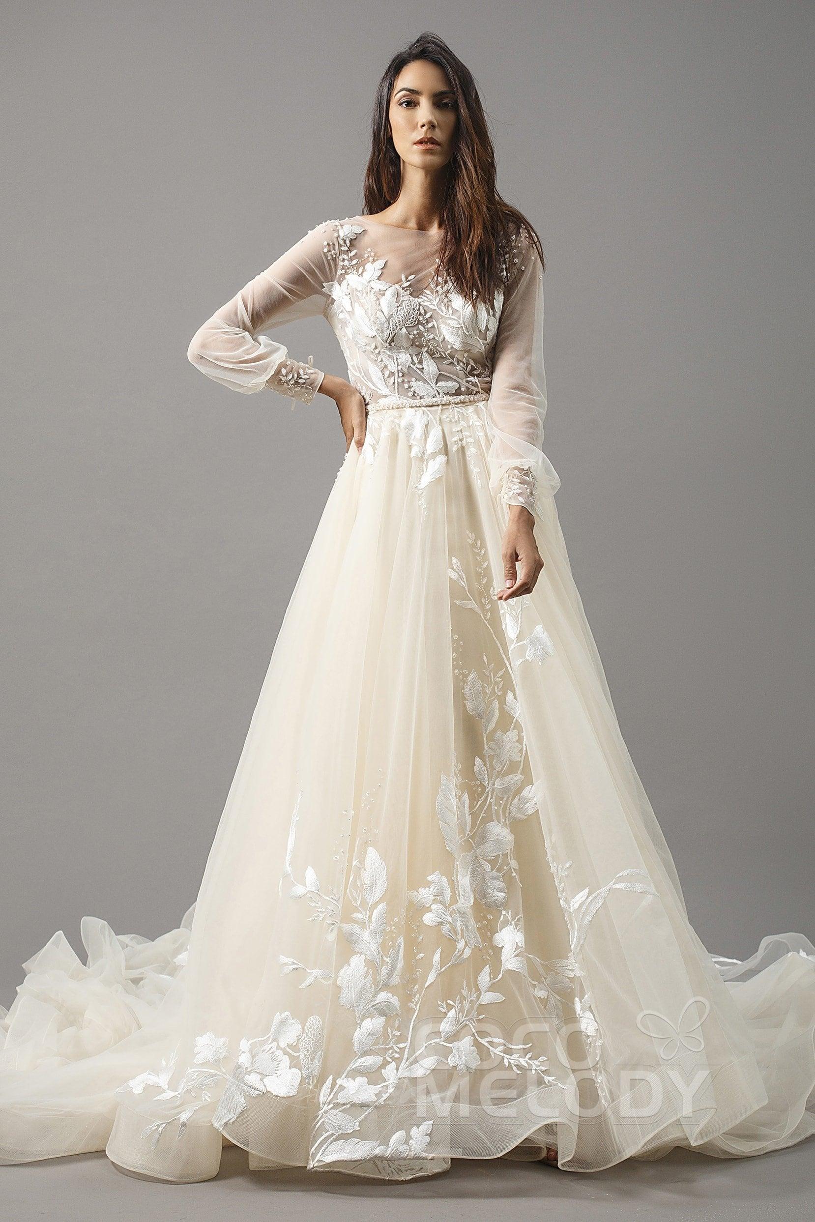 A-Line Chapel Train Tulle Wedding Dress LD5199 - COCOMELODY