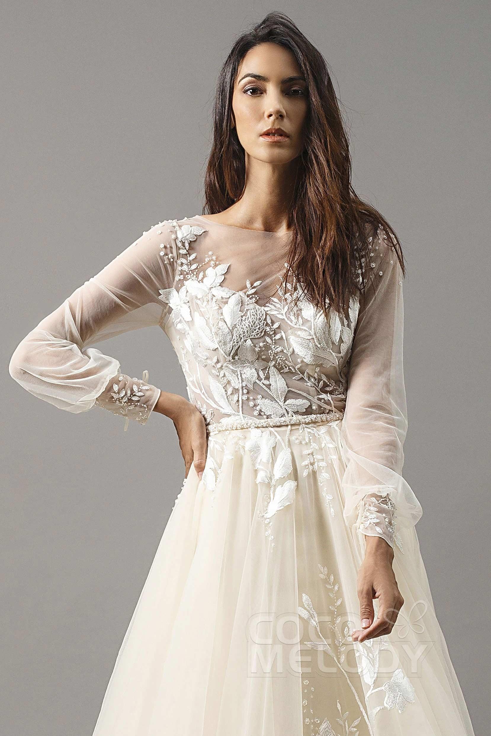 A-Line Chapel Train Tulle Wedding Dress LD5199 - COCOMELODY