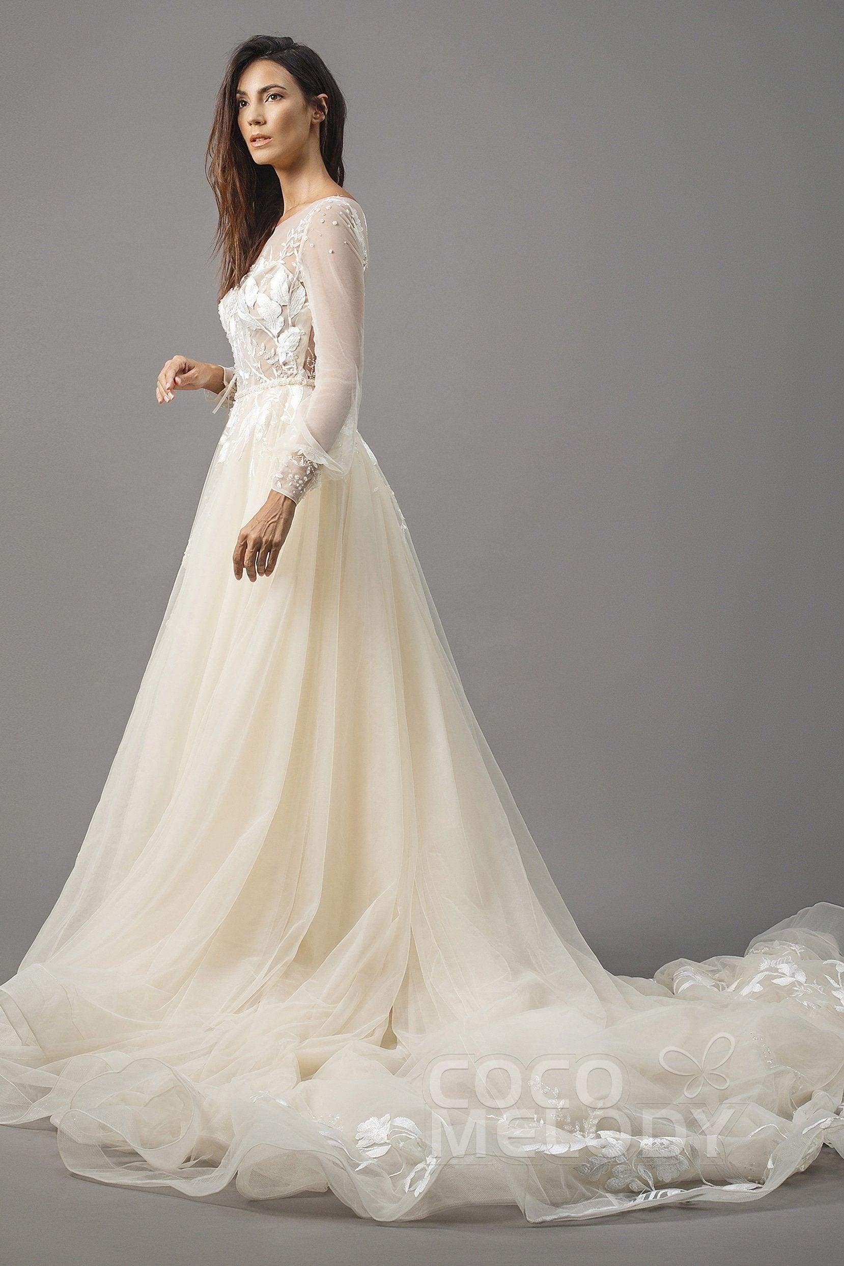 A-Line Chapel Train Tulle Wedding Dress LD5199 - COCOMELODY