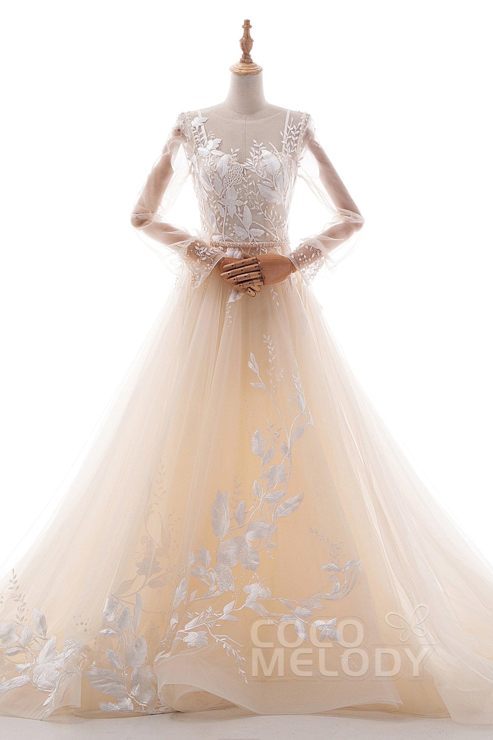 A-Line Chapel Train Tulle Wedding Dress LD5199 - COCOMELODY