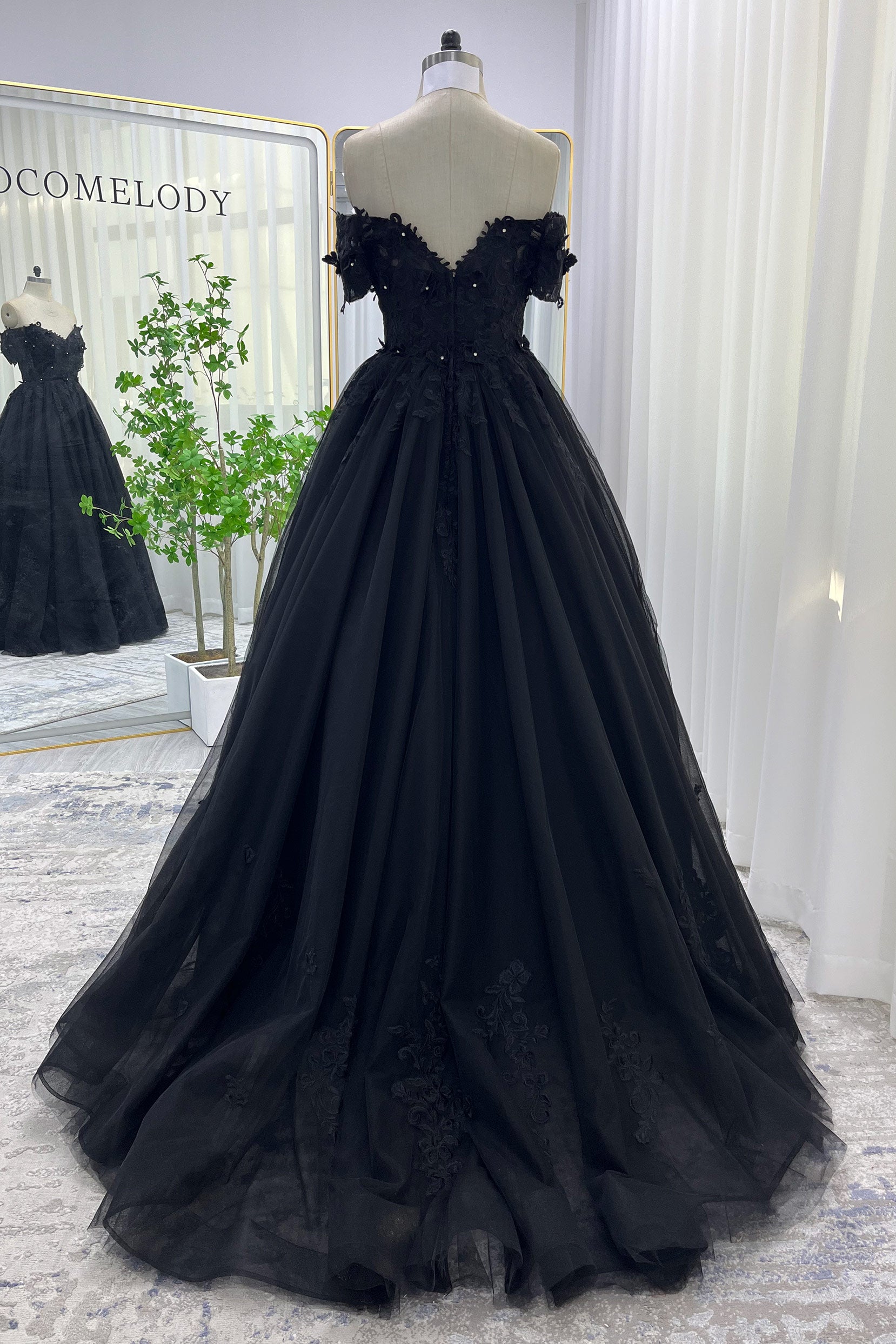 Off Shoulder Wedding Dress A Line Tulle Beaded Gothic Black Bridal