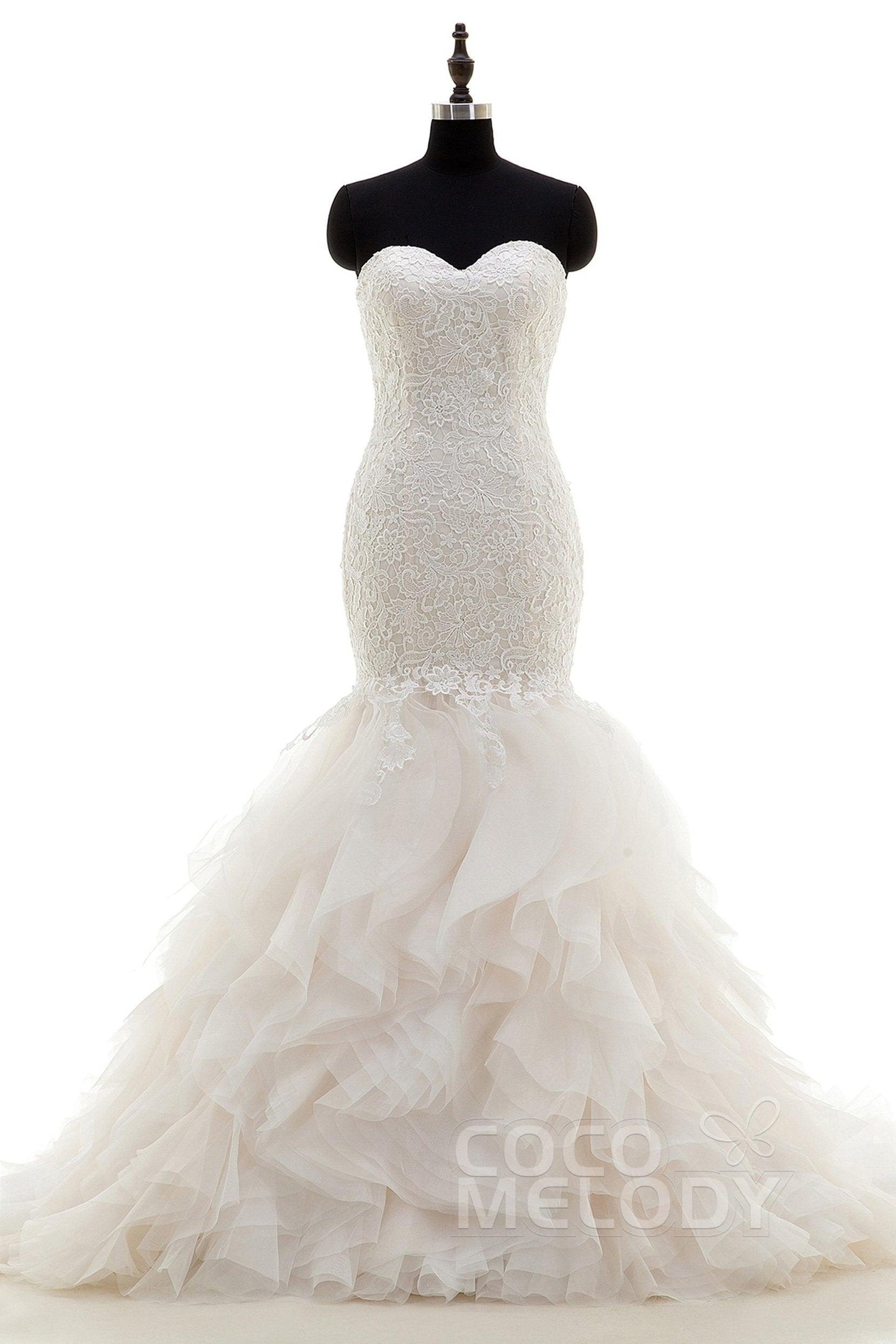 Mermaid Court Train Lace and Organza Wedding Dress LWLT15032 - COCOMELODY