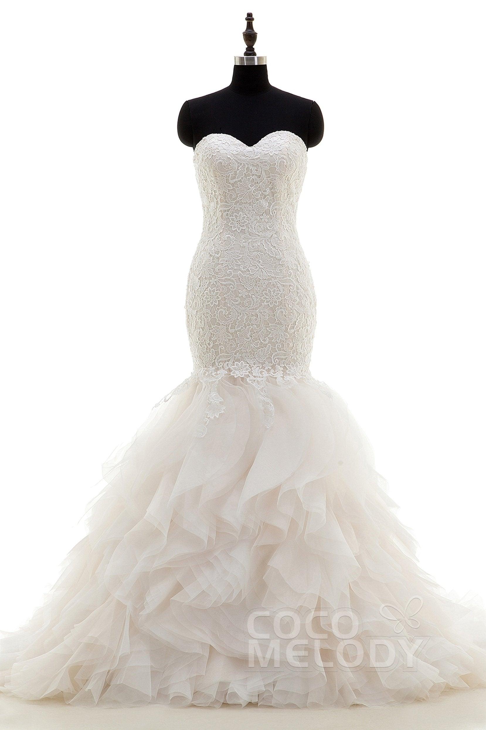 Mermaid Court Train Lace and Organza Wedding Dress LWLT15032 - COCOMELODY