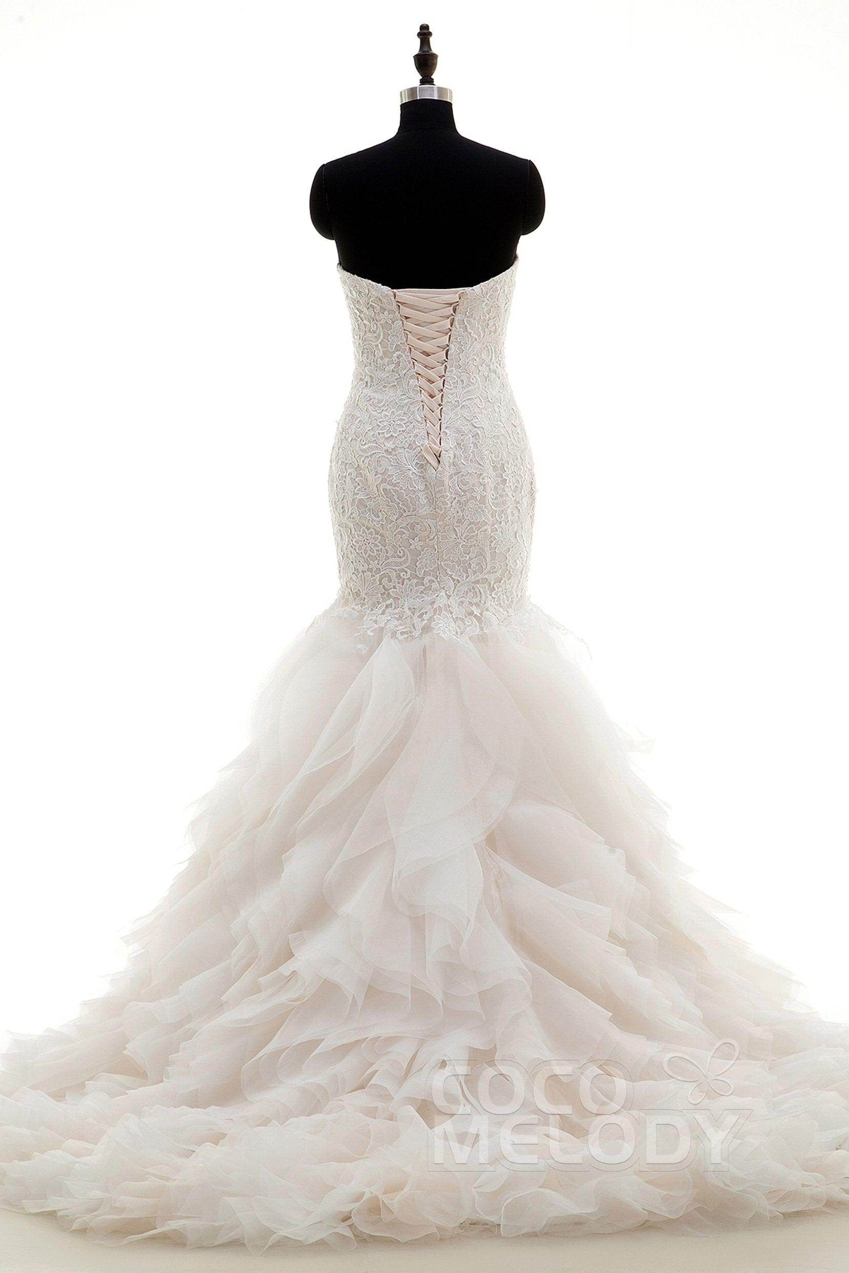 Mermaid Court Train Lace and Organza Wedding Dress LWLT15032 - COCOMELODY