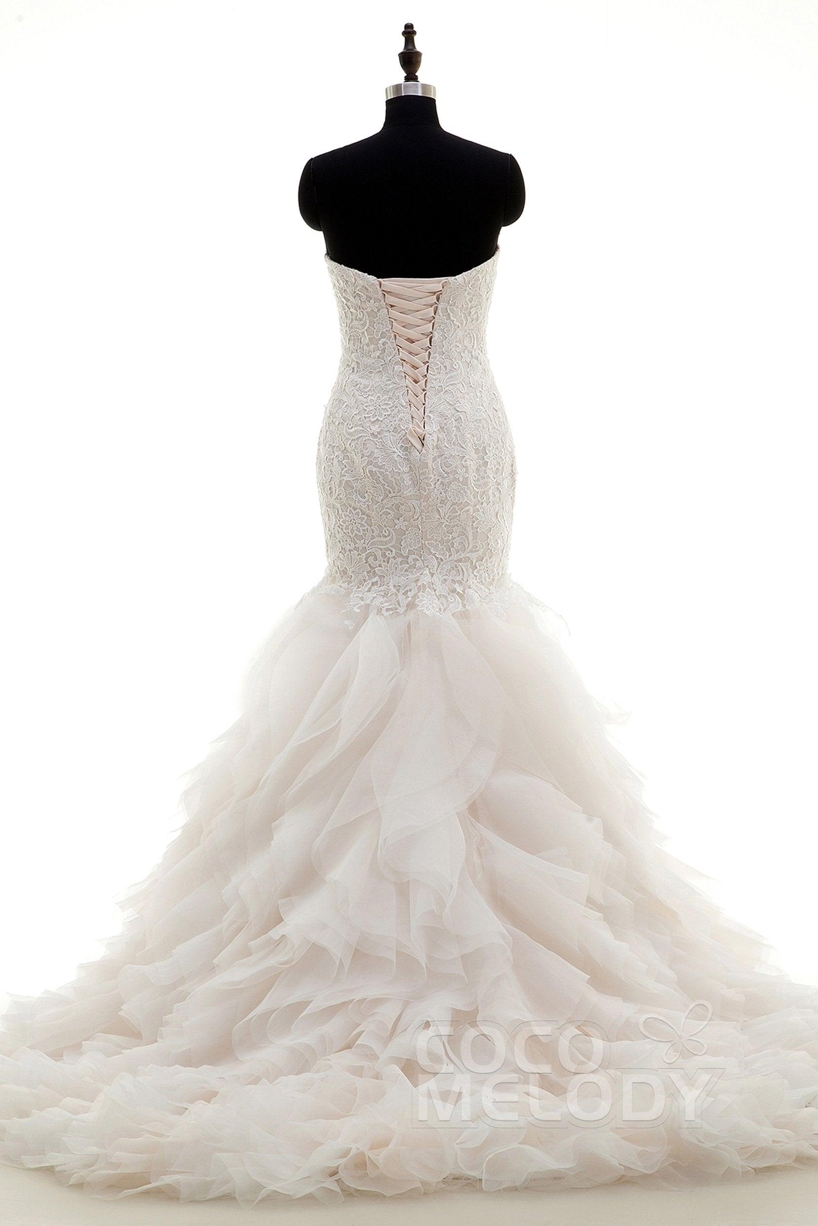 Mermaid Court Train Lace and Organza Wedding Dress LWLT15032 - COCOMELODY