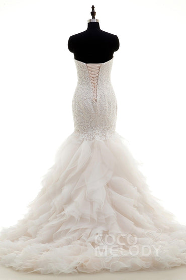 Mermaid Court Train Lace and Organza Wedding Dress LWLT15032 - COCOMELODY